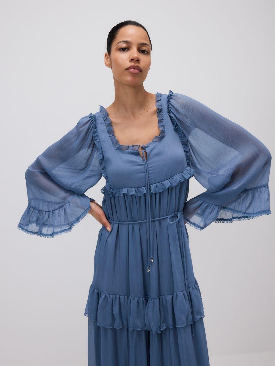 Blue Midi Dress With Ruffles, , large image number 1