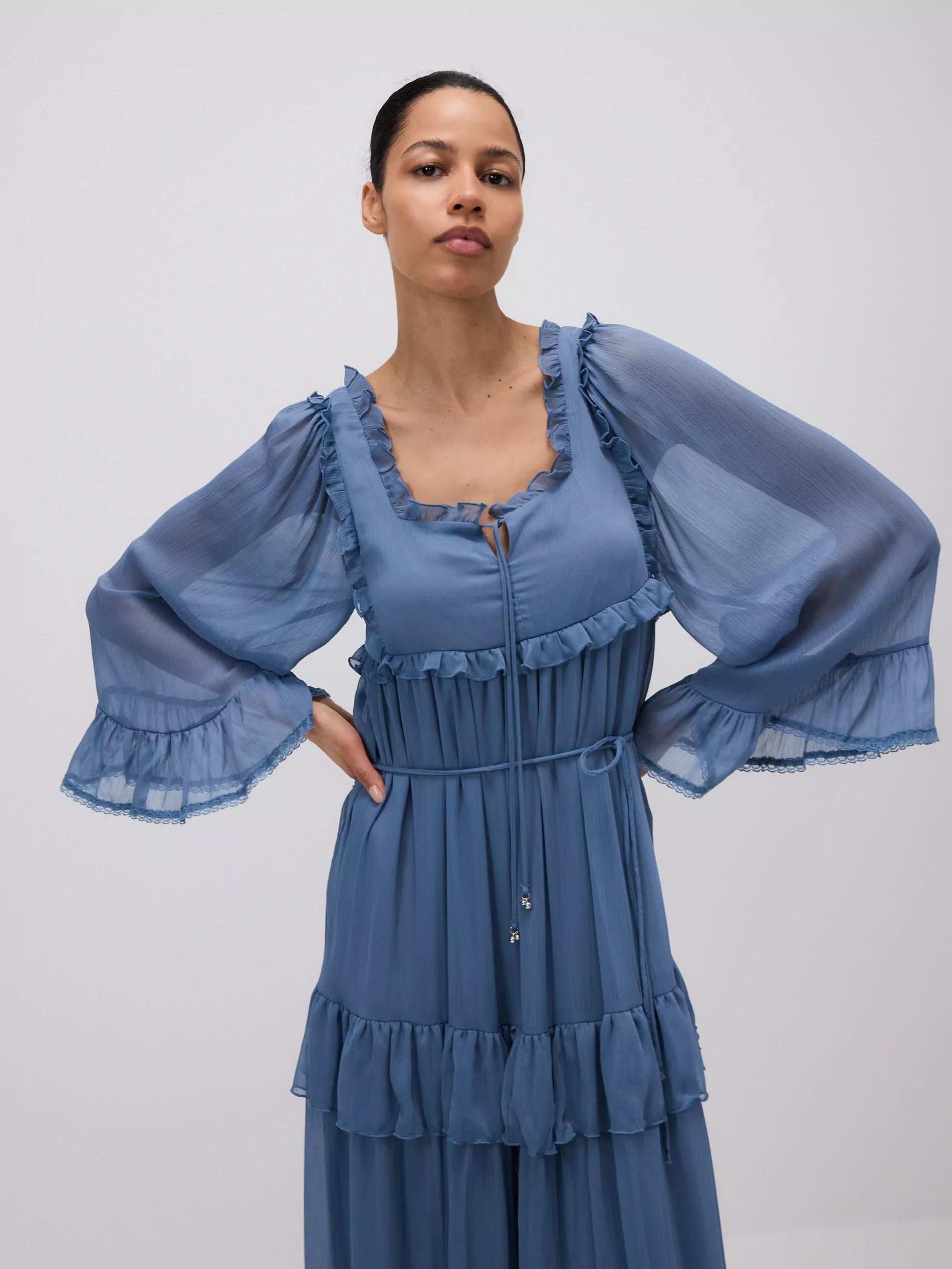 Blue Midi Dress With Ruffles, , large image number 1