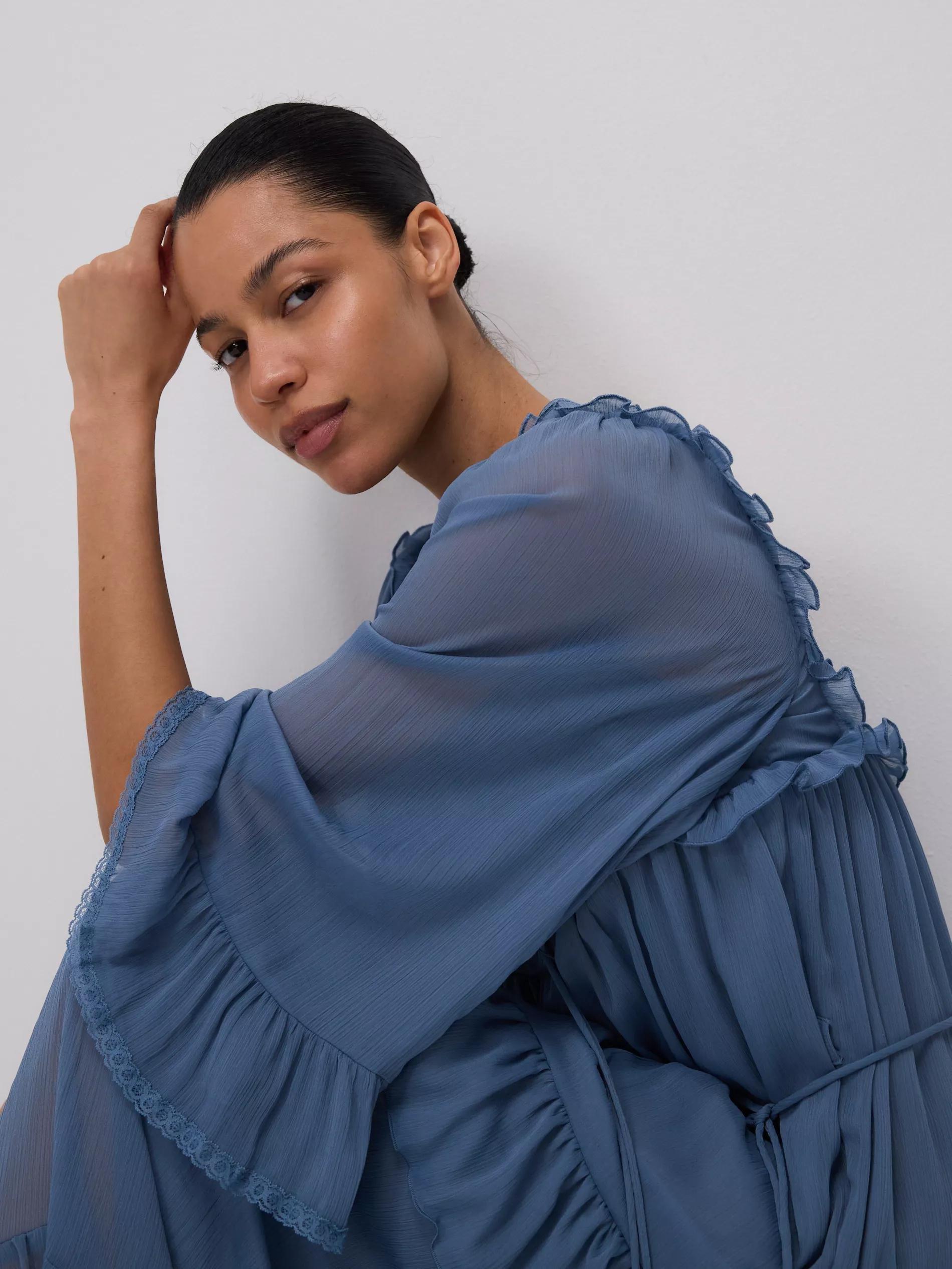 Blue Midi Dress With Ruffles, , large image number 3