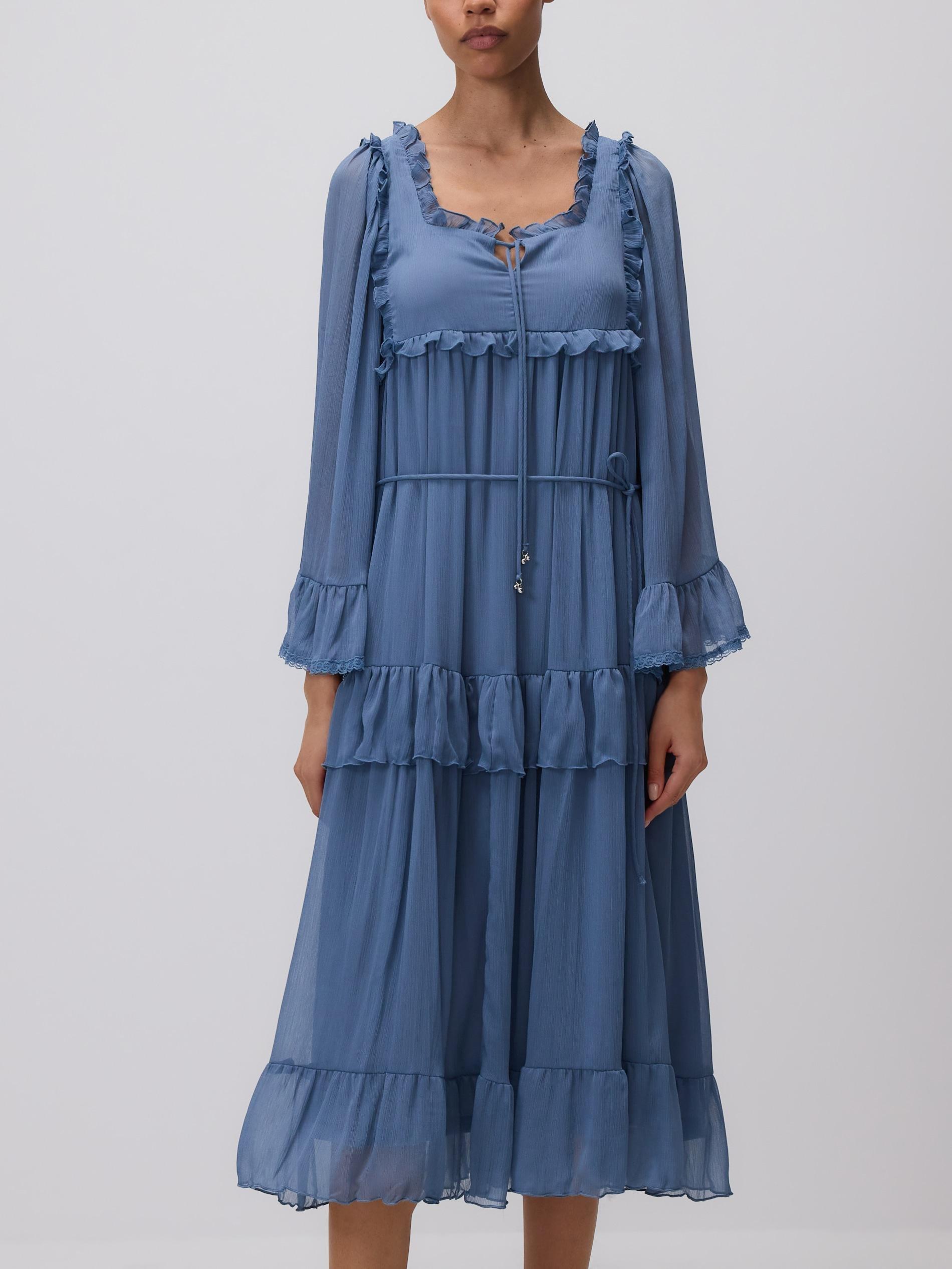 Blue Midi Dress With Ruffles, , large image number 4