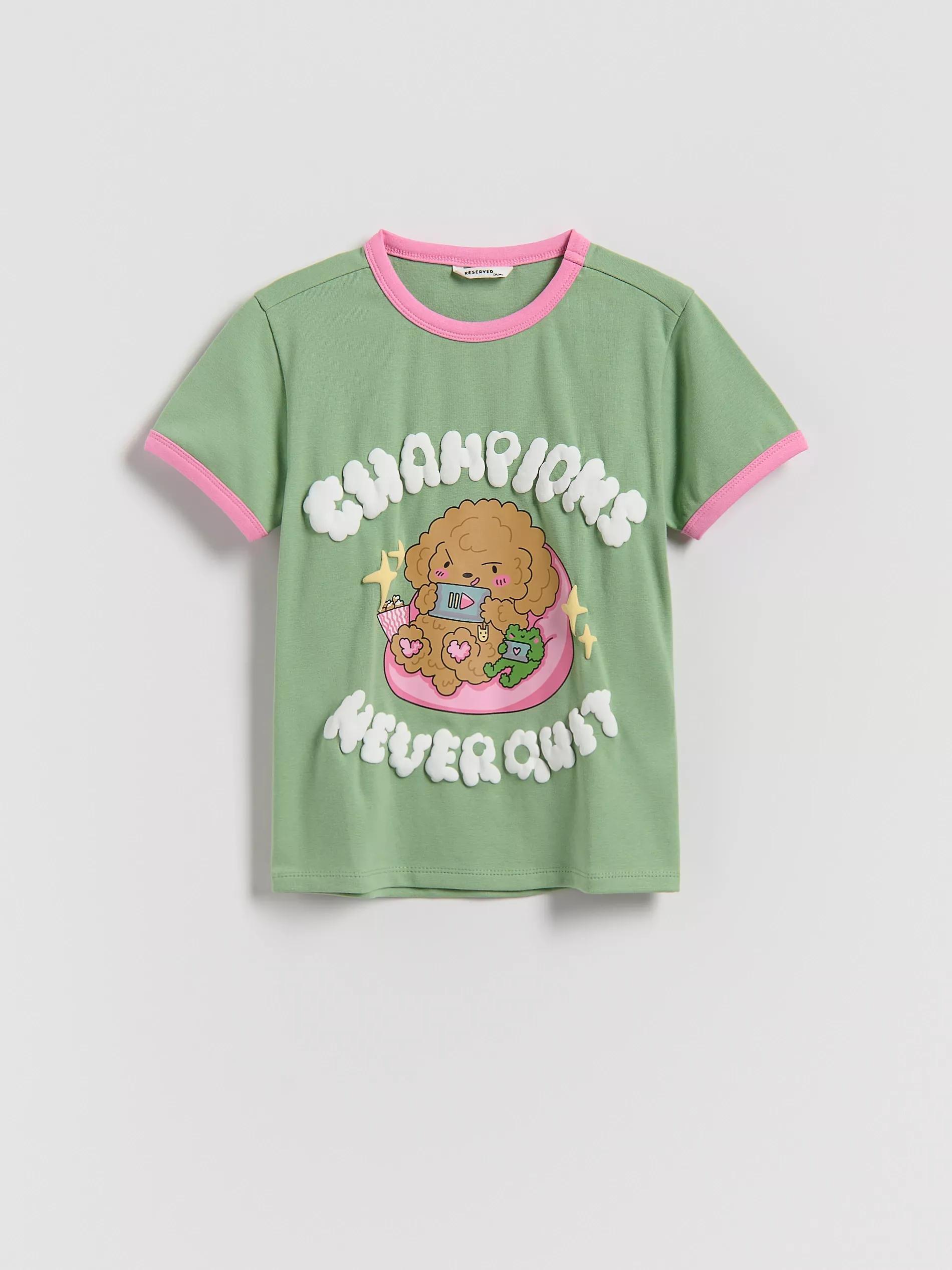 Green Cotton T-Shirt With Boffie & Poko Print, Green, medium