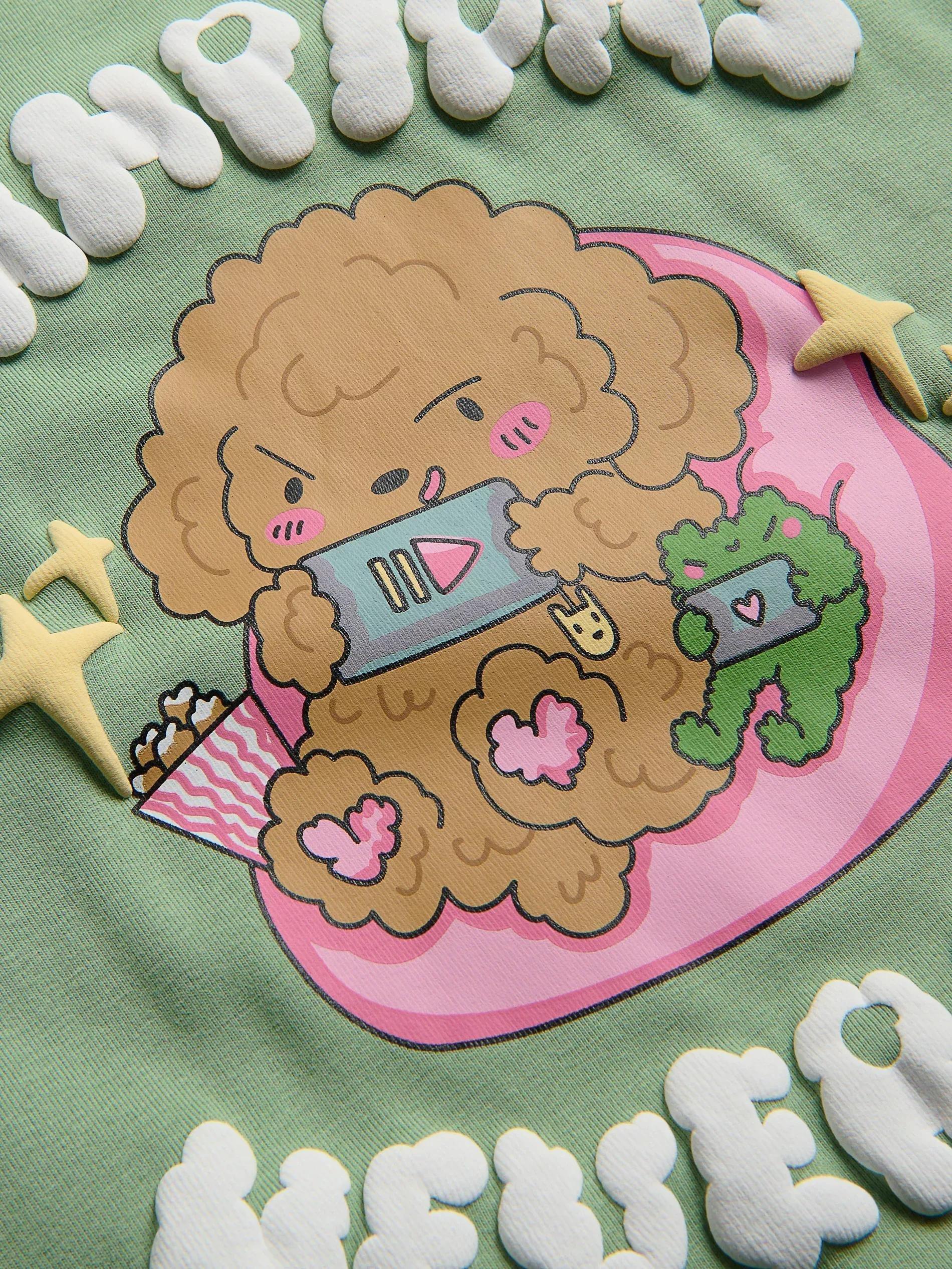 Green Cotton T-Shirt With Boffie & Poko Print, Green, medium