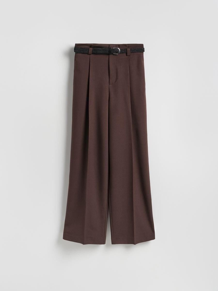 Brown Trousers With Tie Waist Belt, Brown, large image number 0