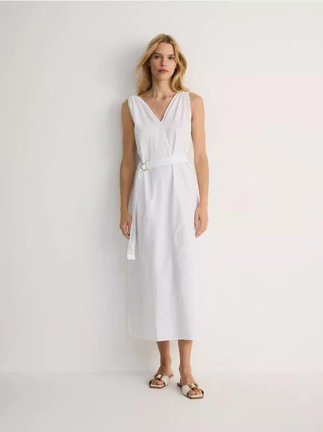White Cotton Midi Dress, White, large image number 0