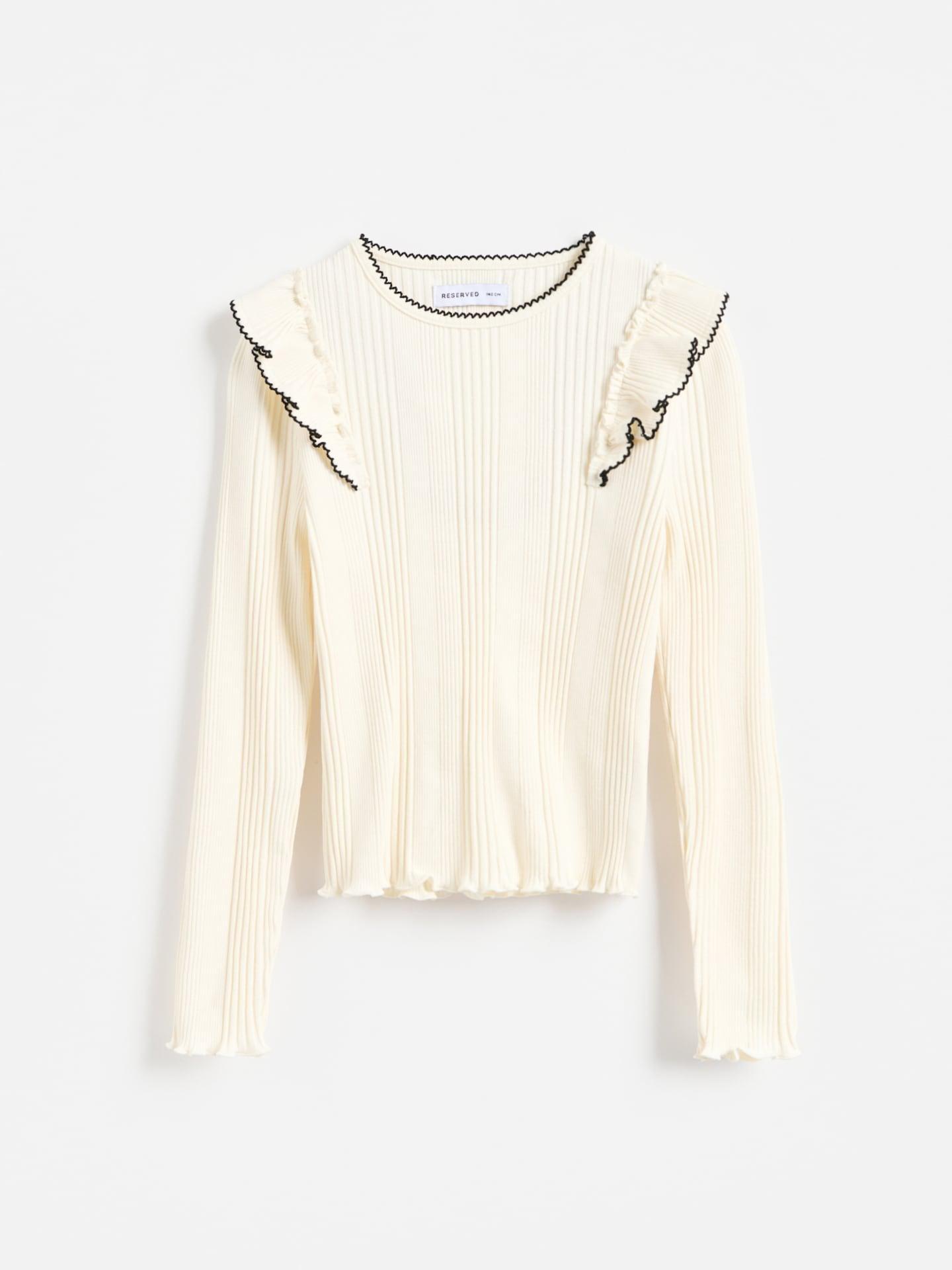 Cream Rib Knit Blouse With Frills, Ivory, medium