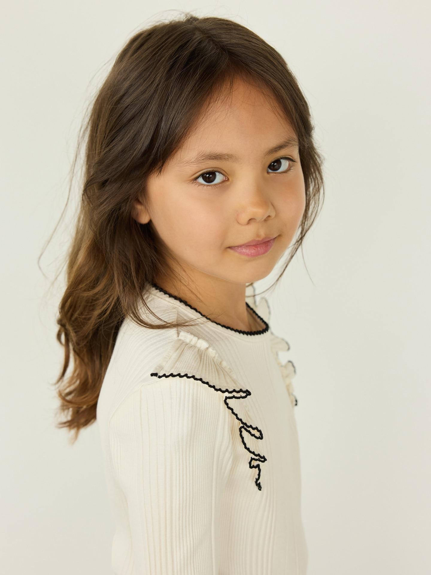 Cream Rib Knit Blouse With Frills, Ivory, large image number 1