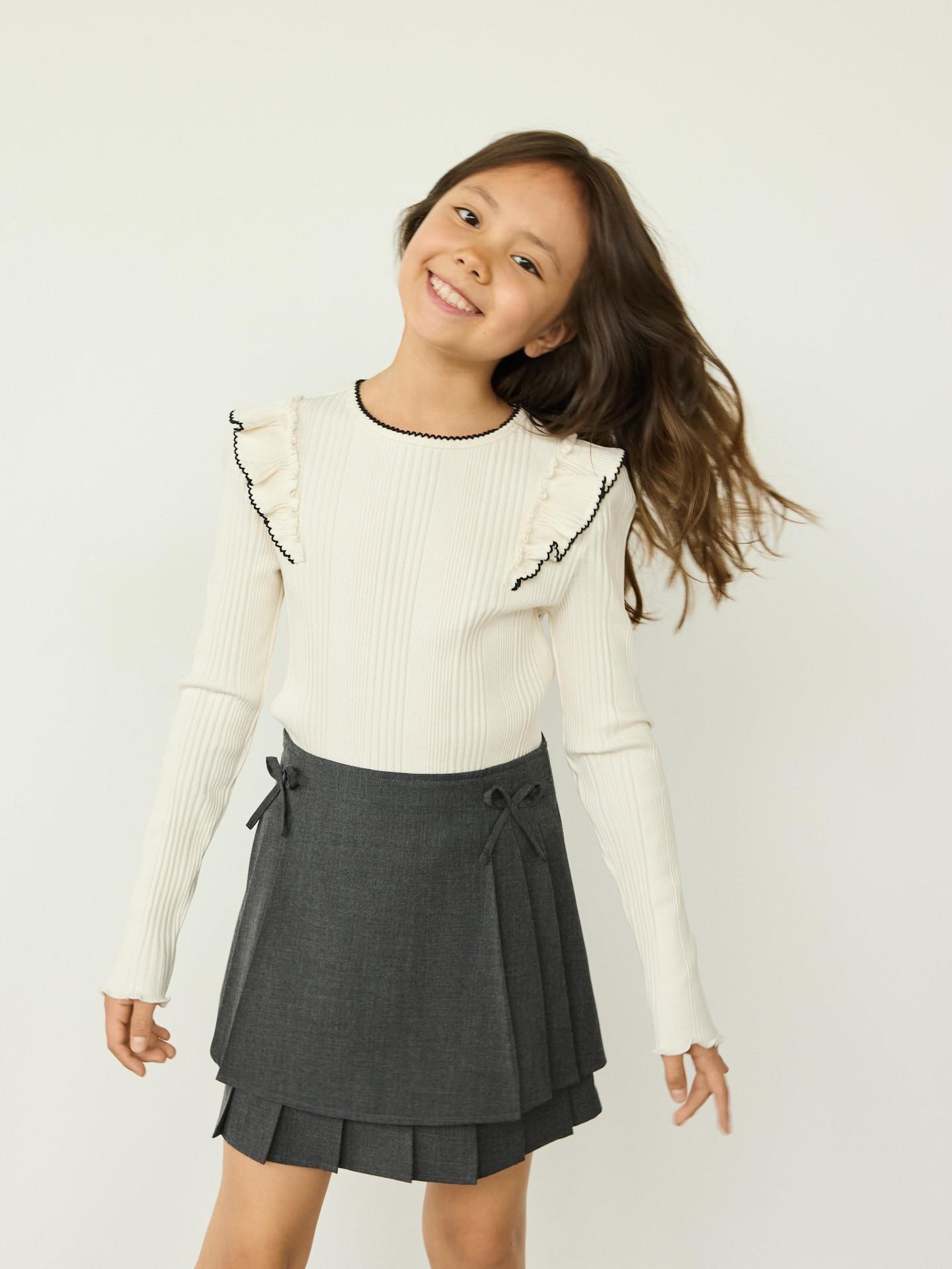 Cream Rib Knit Blouse With Frills, Ivory, medium