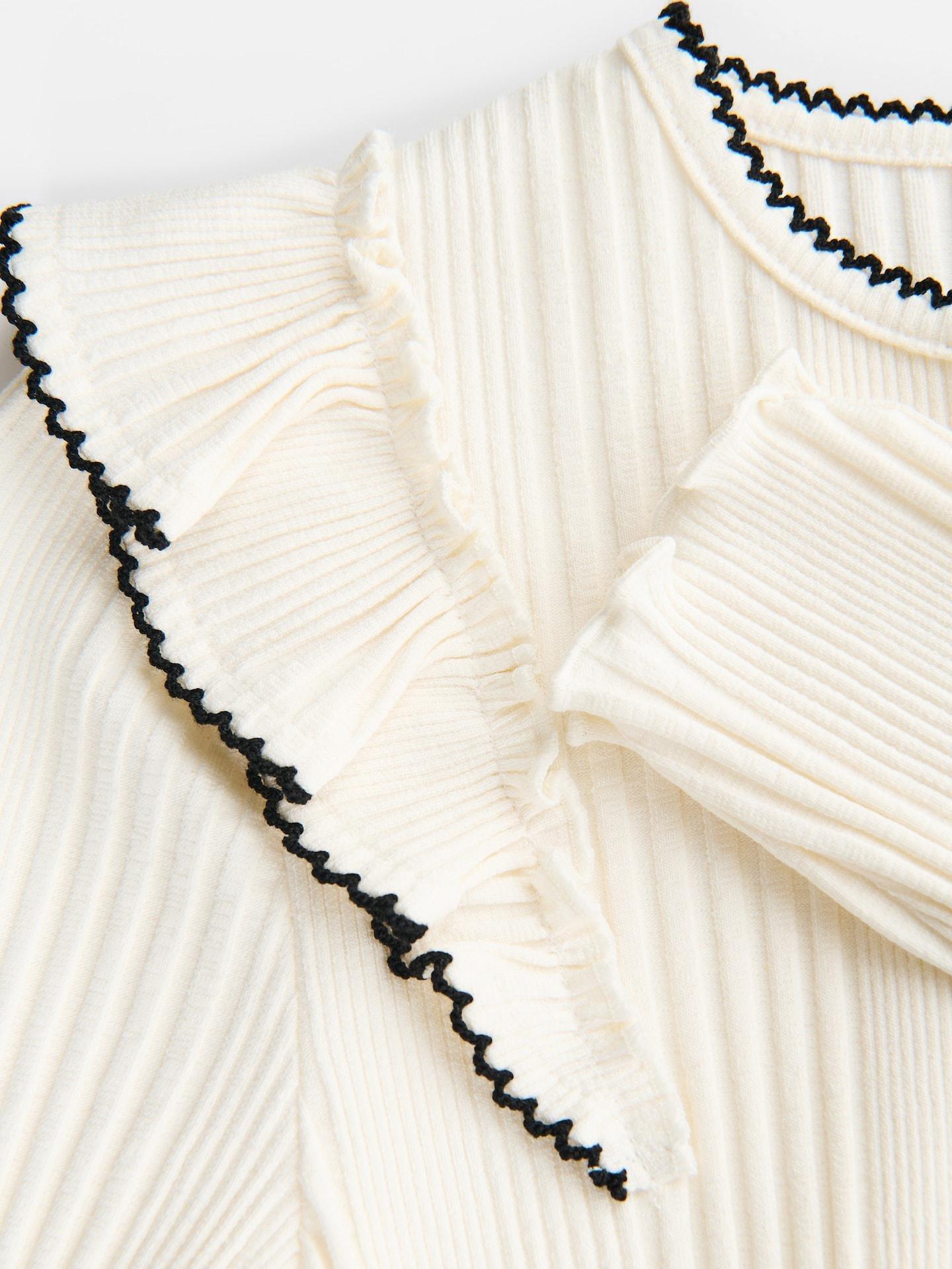Cream Rib Knit Blouse With Frills, Ivory, large image number 3