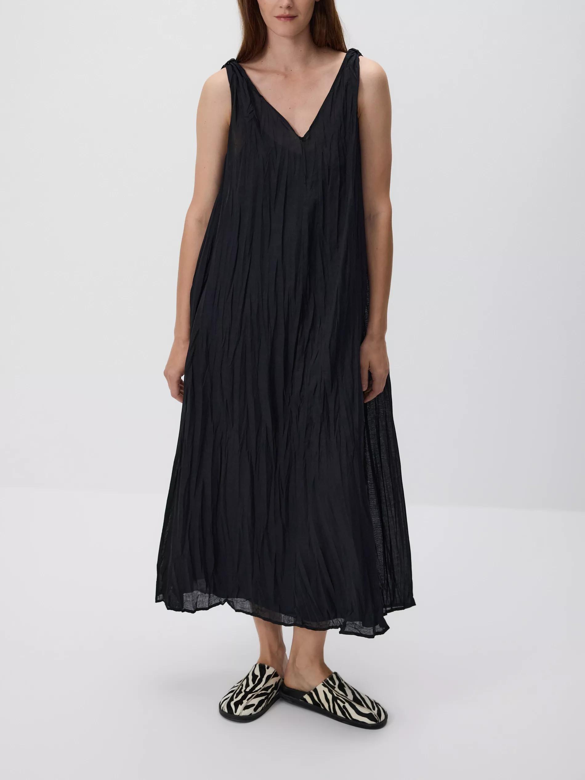 Black Midi Dress With Ramie Fabric, , medium