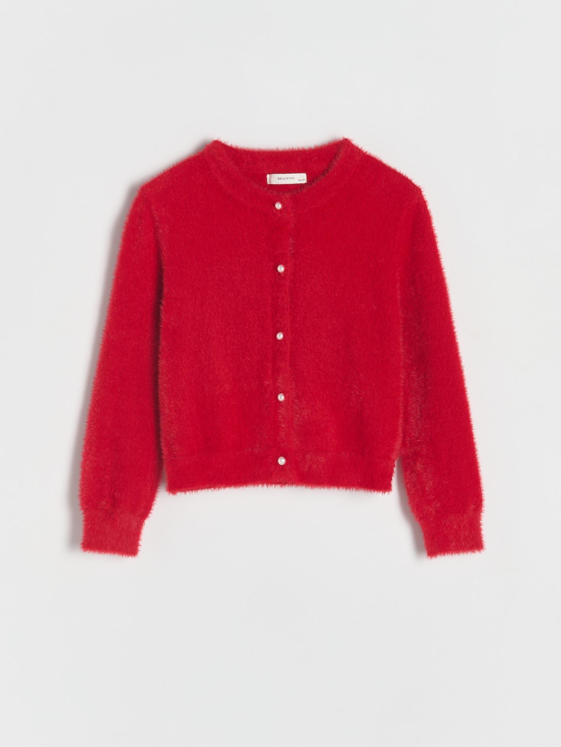 Red Fluffy Cardigan With Decorative Buttons, Kids Girls, , large image number 1
