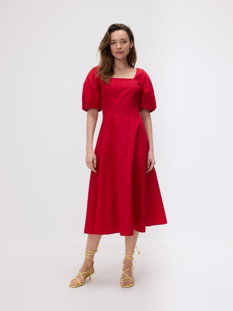 Red Midi Dress With Puff Sleeves, , medium