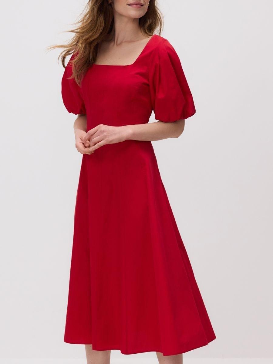 Red Midi Dress With Puff Sleeves, , large image number 1