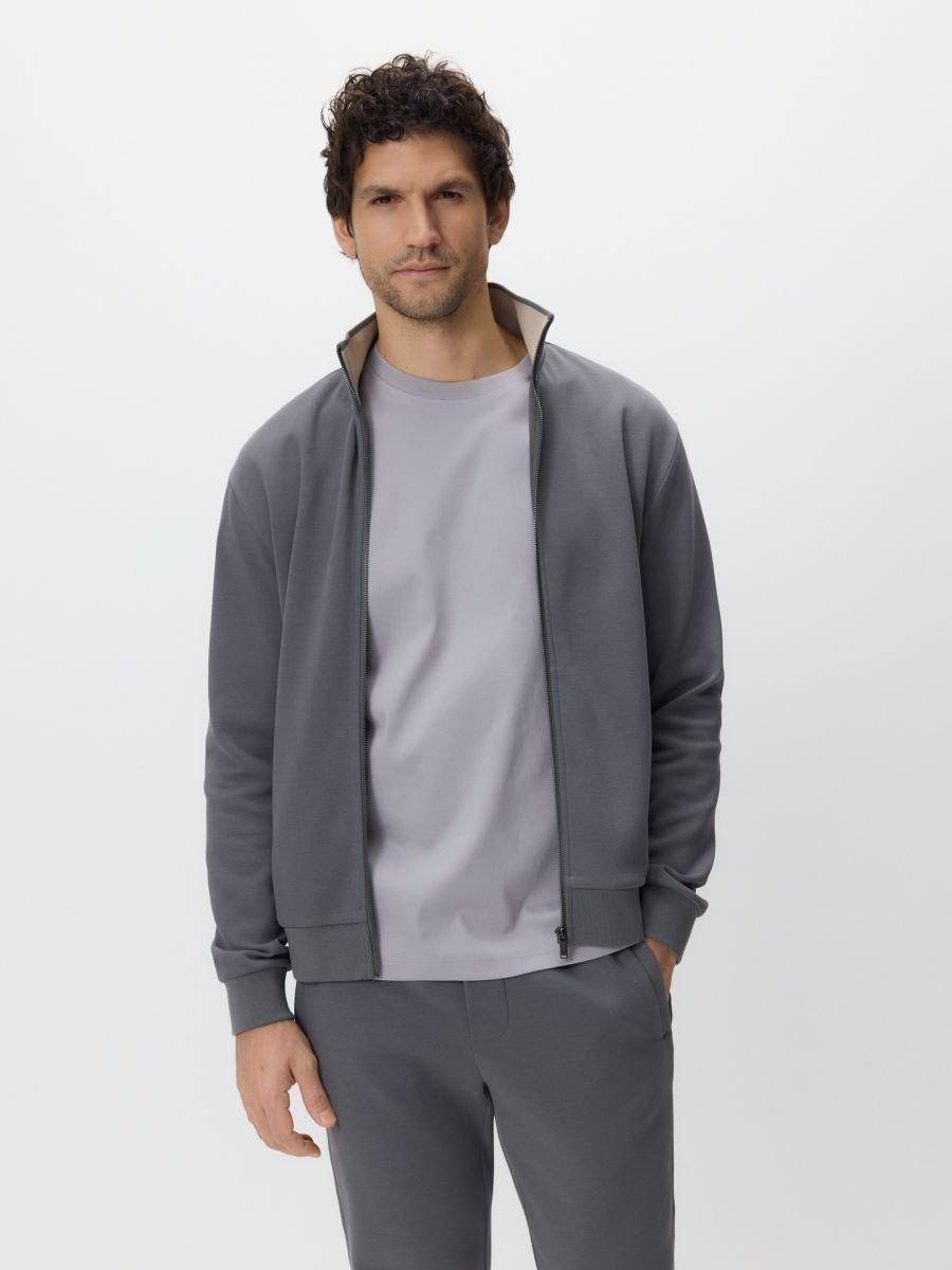 Grey Sweatshirt With Stand Up Collar, Grey, large