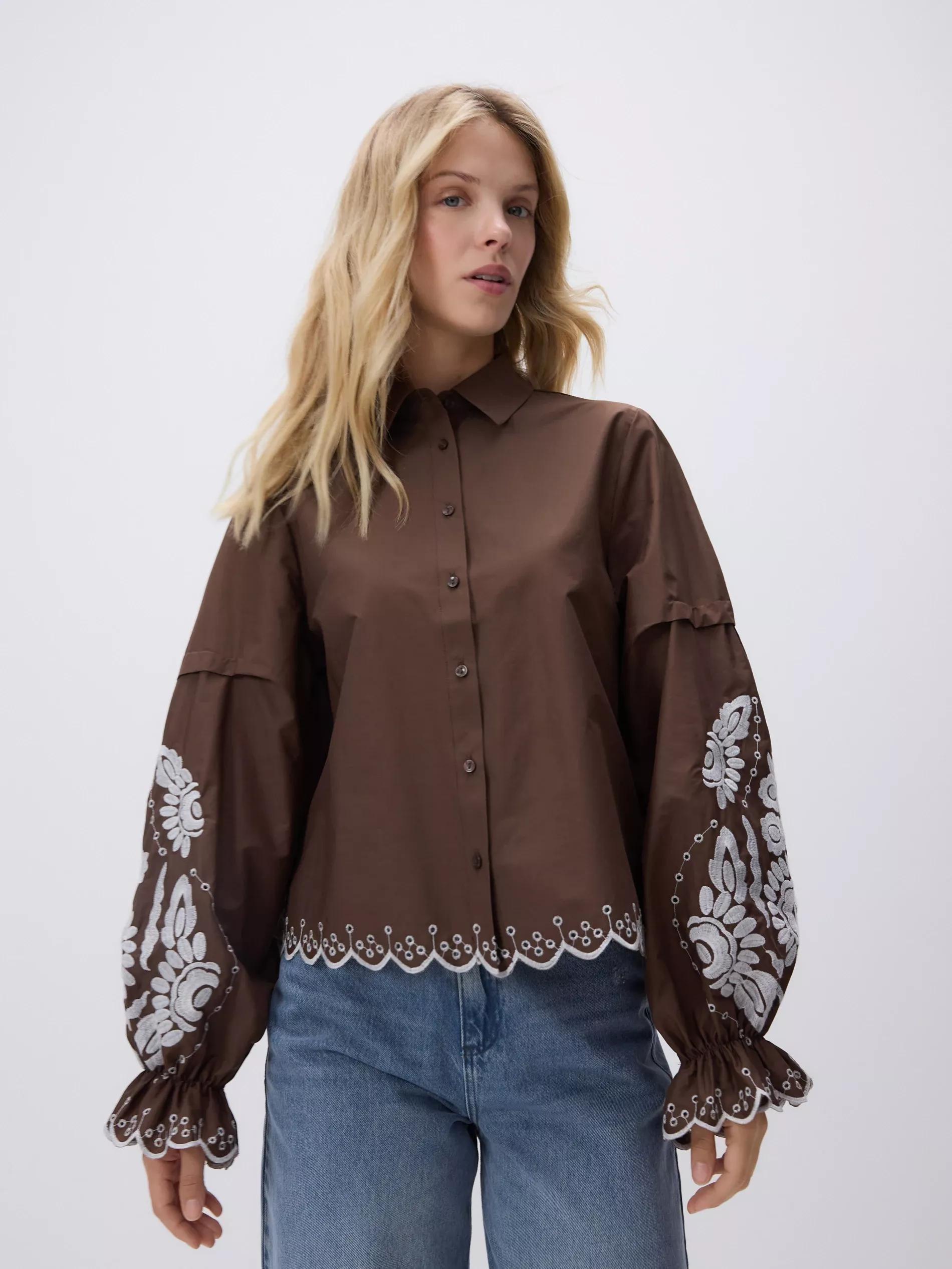 BROWN Shirt with embroidered pattern, Brown, large image number 0