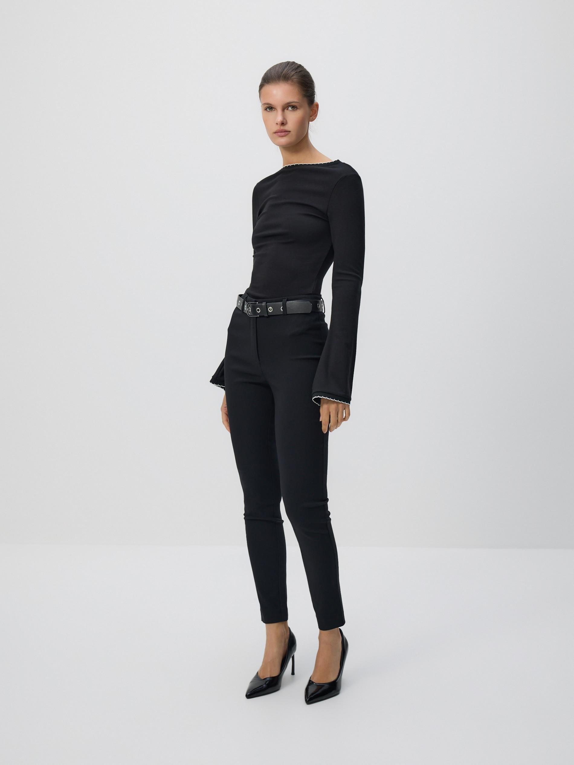 Black Trousers With Tie Waist Belt, Black, large image number 1