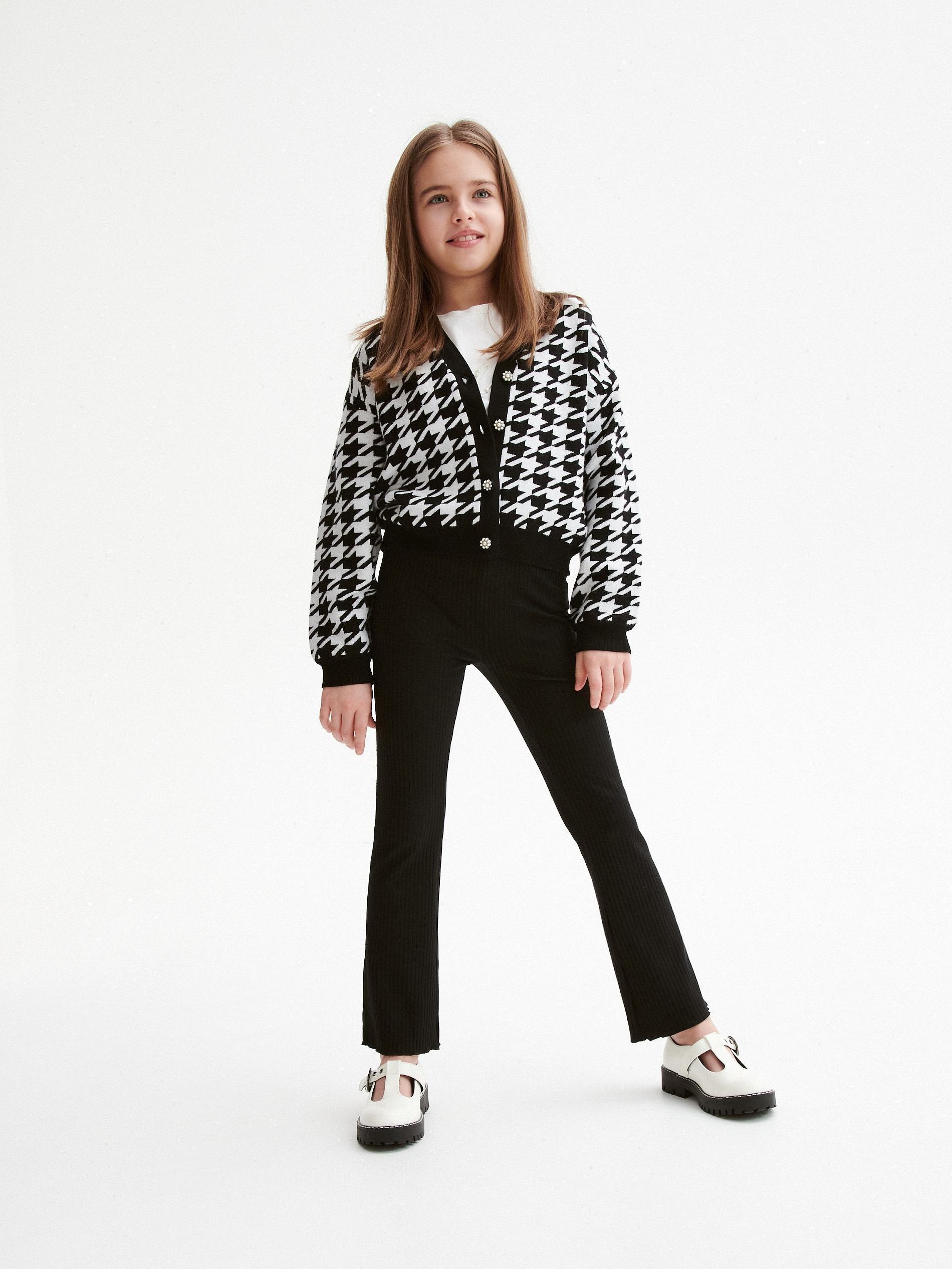 Black Rib Knit Flare Trousers, Kids Girls, , large image number 0