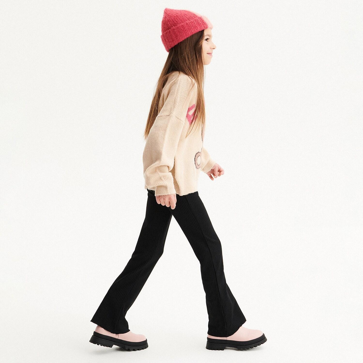 Black Rib Knit Flare Trousers, Kids Girls, , large image number 1