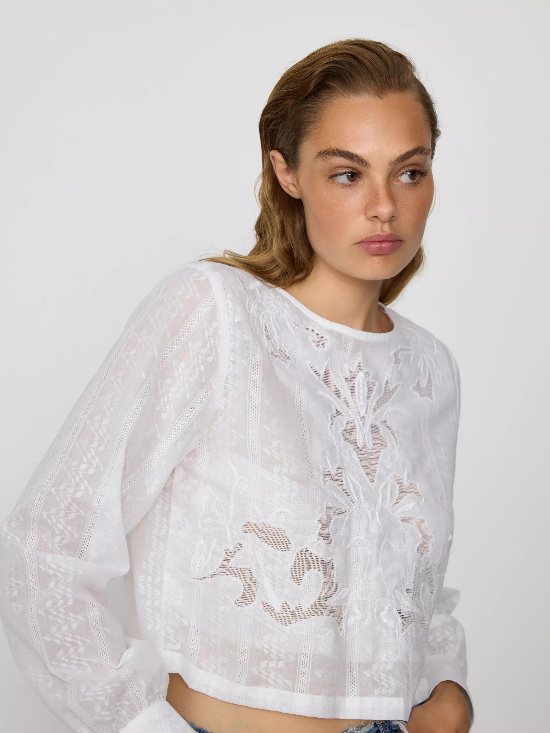 Cream Blouse With Embroidery Pattern, Ivory, large image number 0