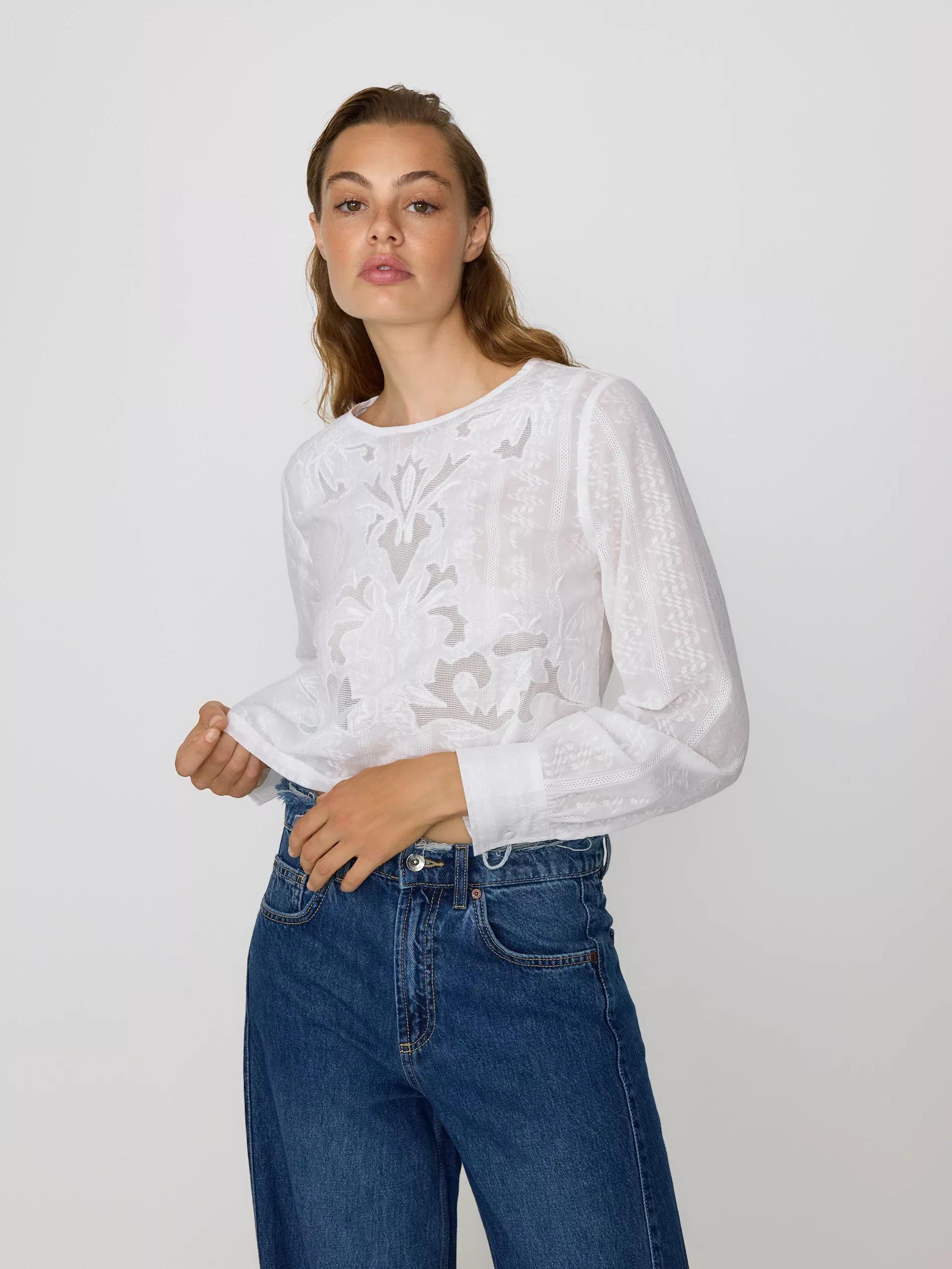 Cream Blouse With Embroidery Pattern, Ivory, large image number 1