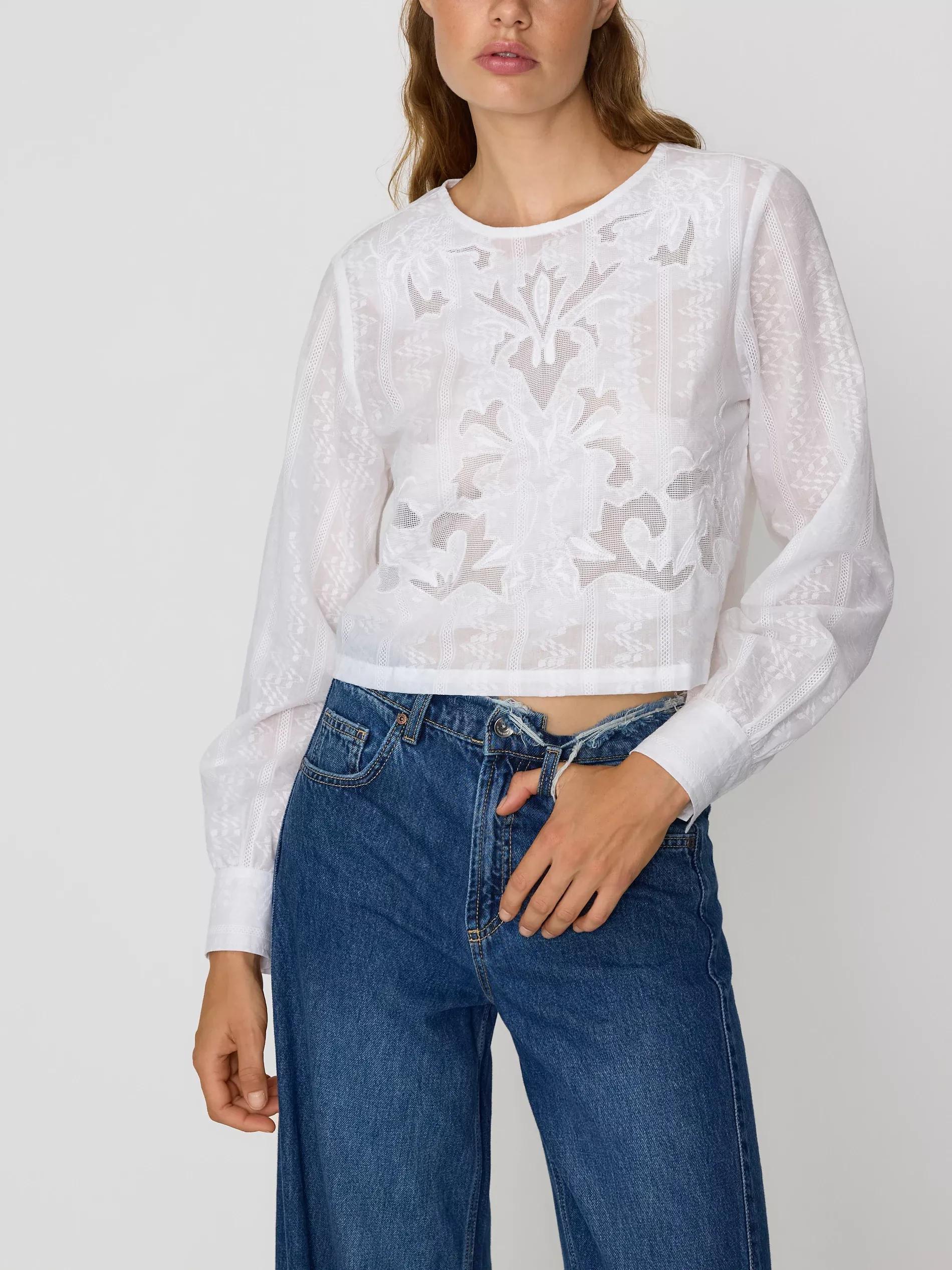 Cream Blouse With Embroidery Pattern, Ivory, large image number 3