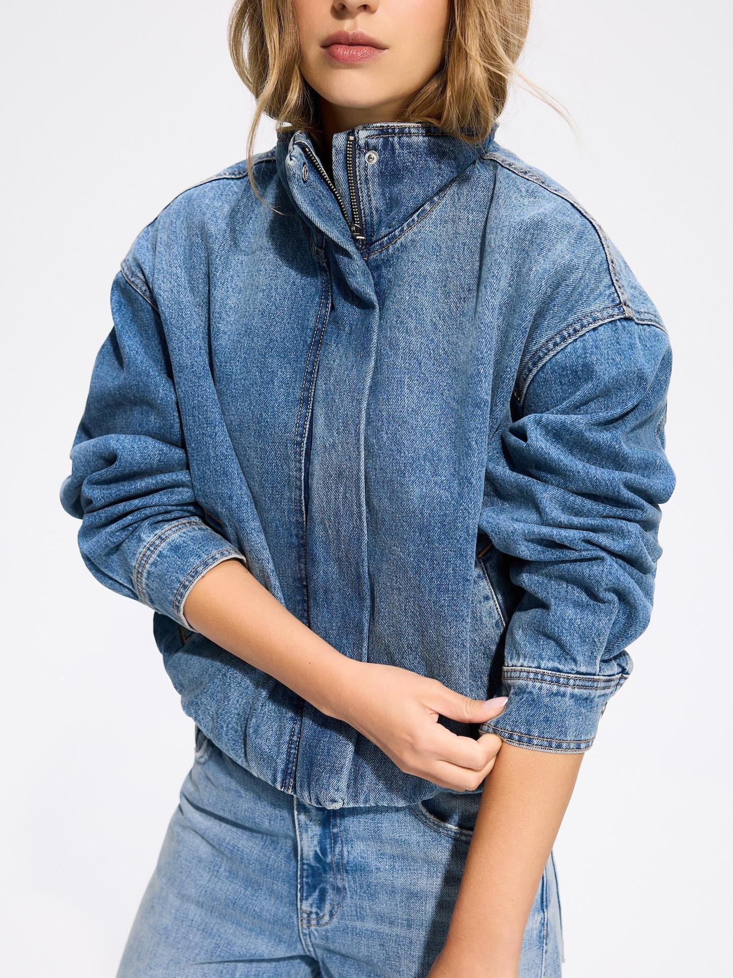 Blue Jeans Denim Jacket With Stand Up Collar, Blue, medium