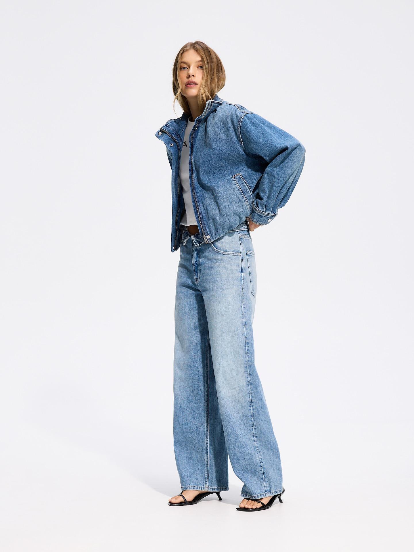 Blue Jeans Denim Jacket With Stand Up Collar, Blue, medium