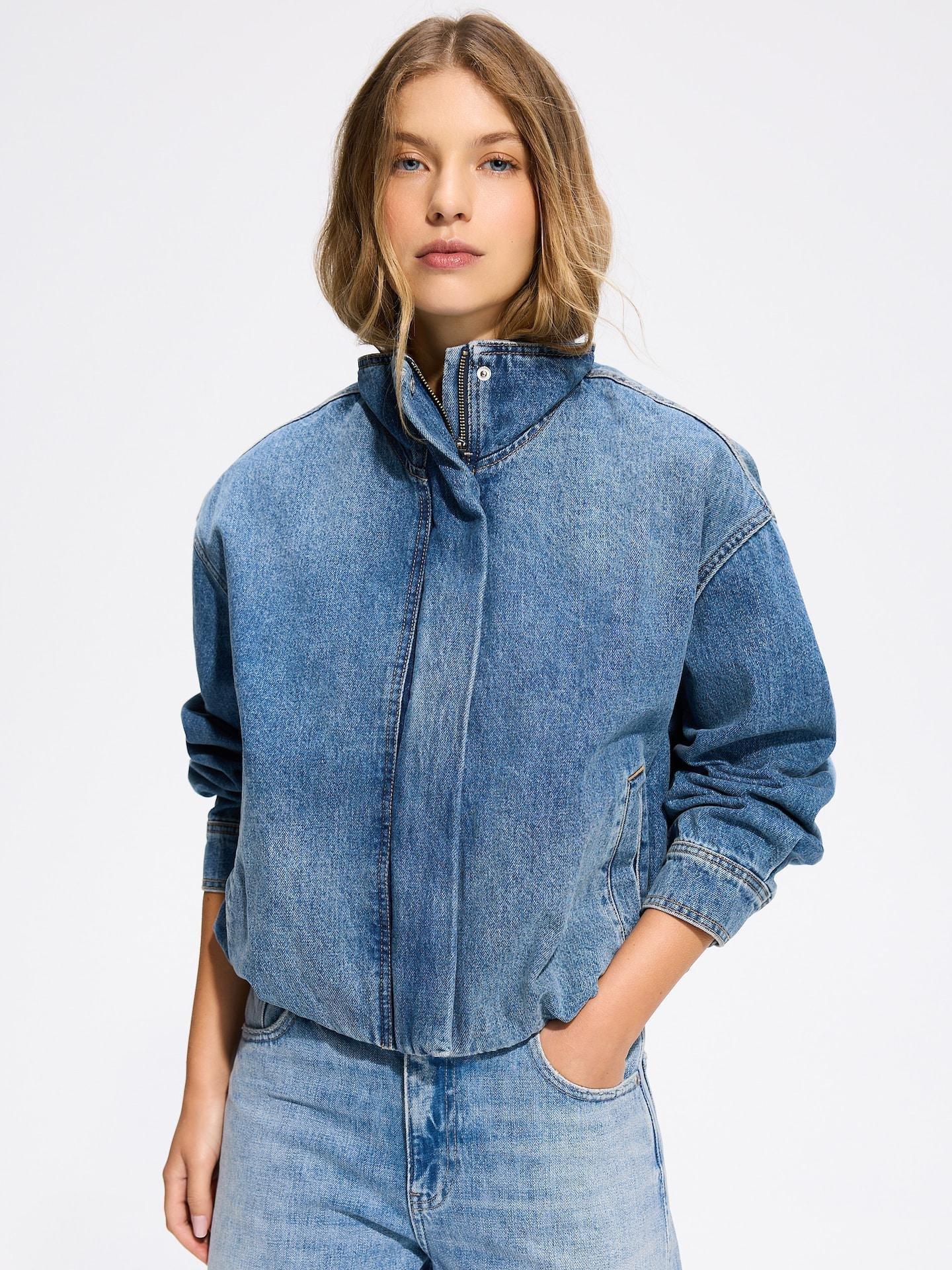 Blue Jeans Denim Jacket With Stand Up Collar, Blue, medium