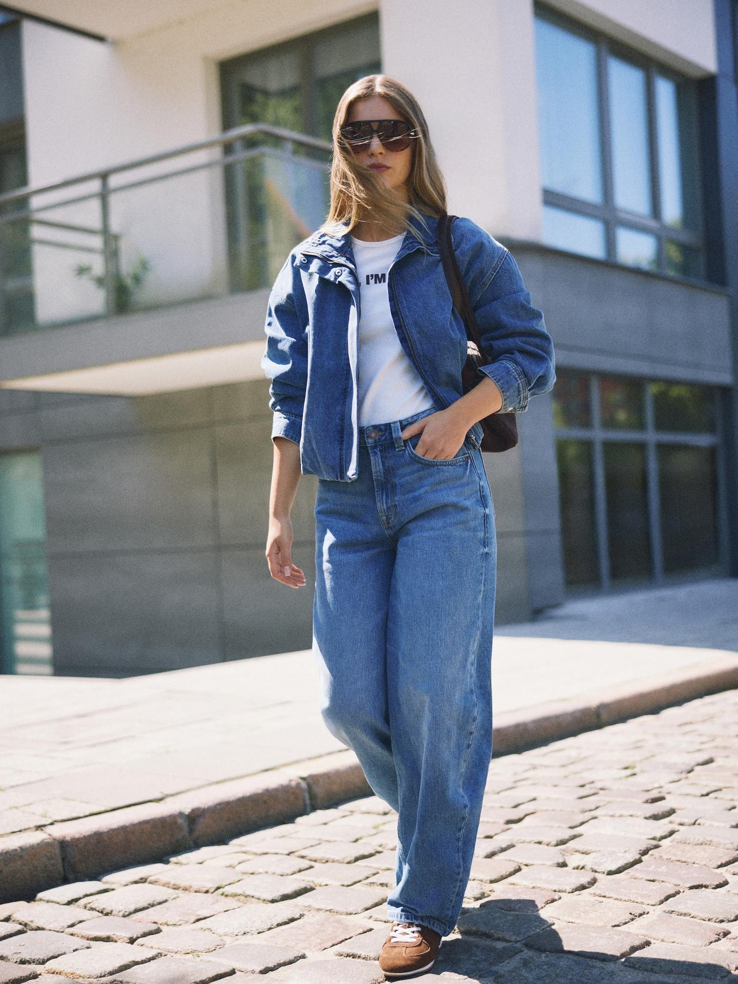 Blue Jeans Denim Jacket With Stand Up Collar, Blue, large image number 6