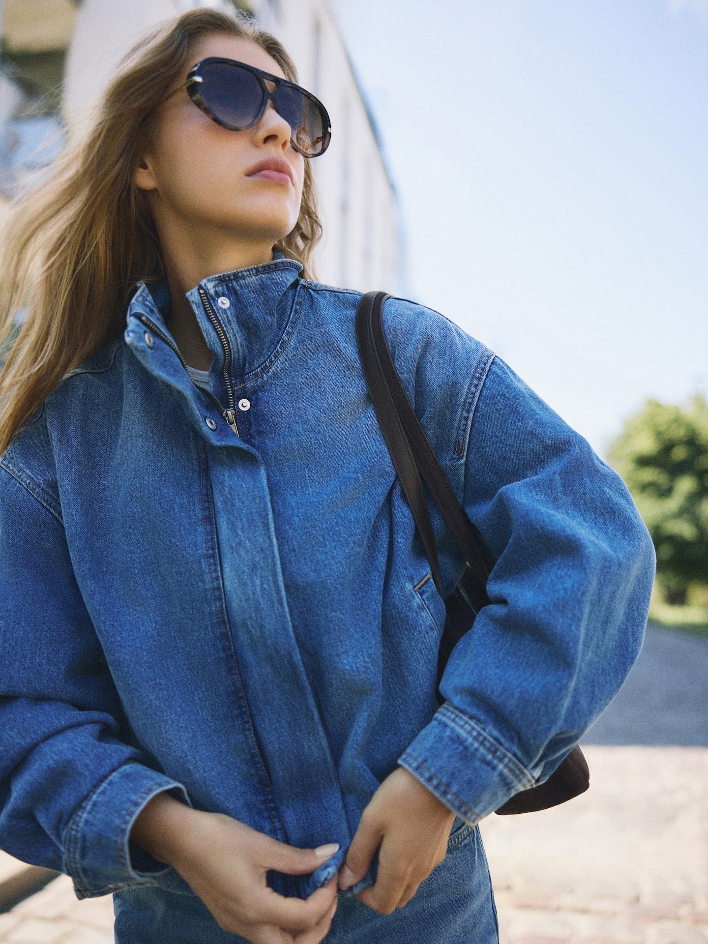 Blue Jeans Denim Jacket With Stand Up Collar, Blue, large image number 7