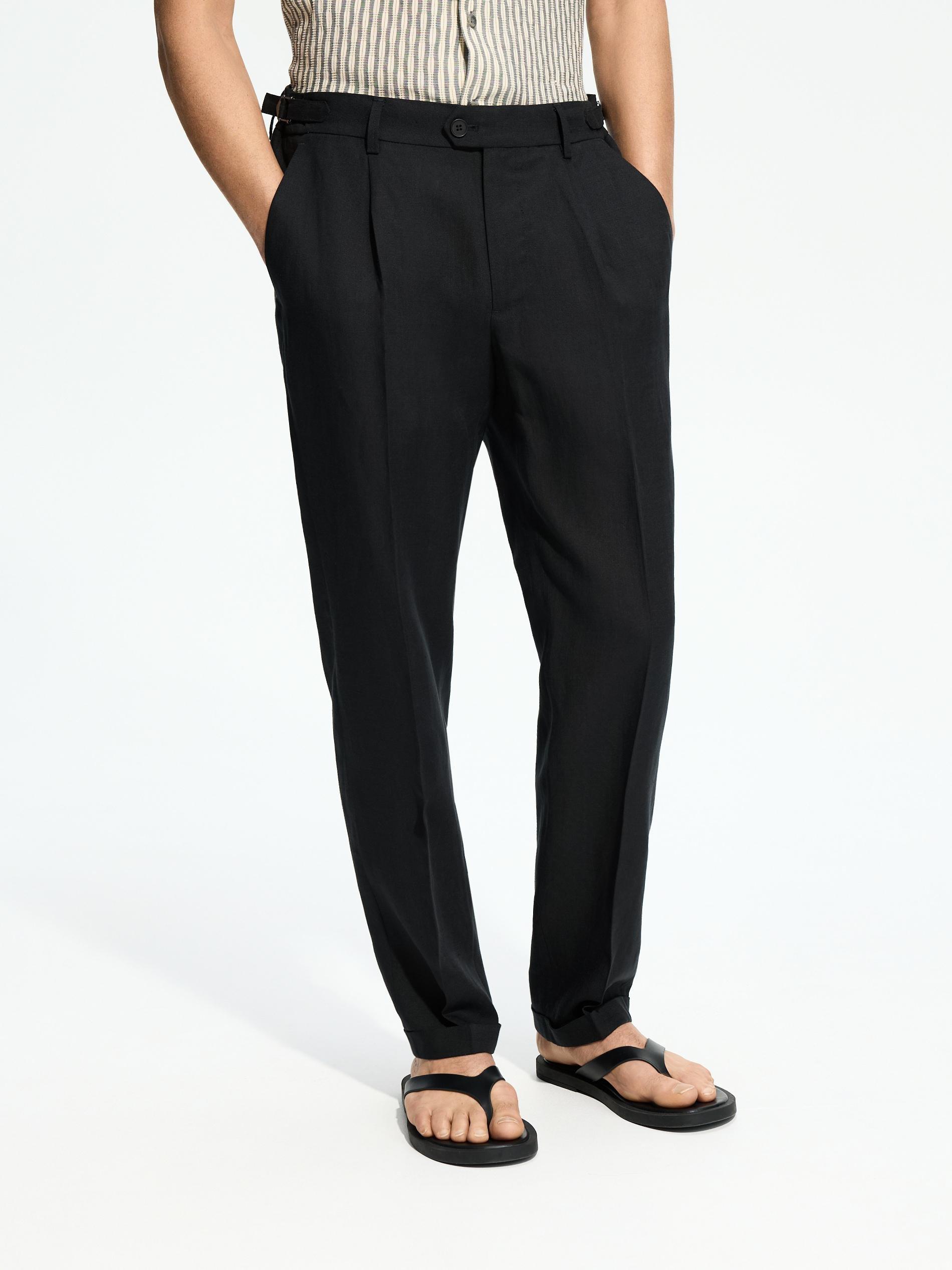 Black Chino Trousers With Linen Blend, Black, medium