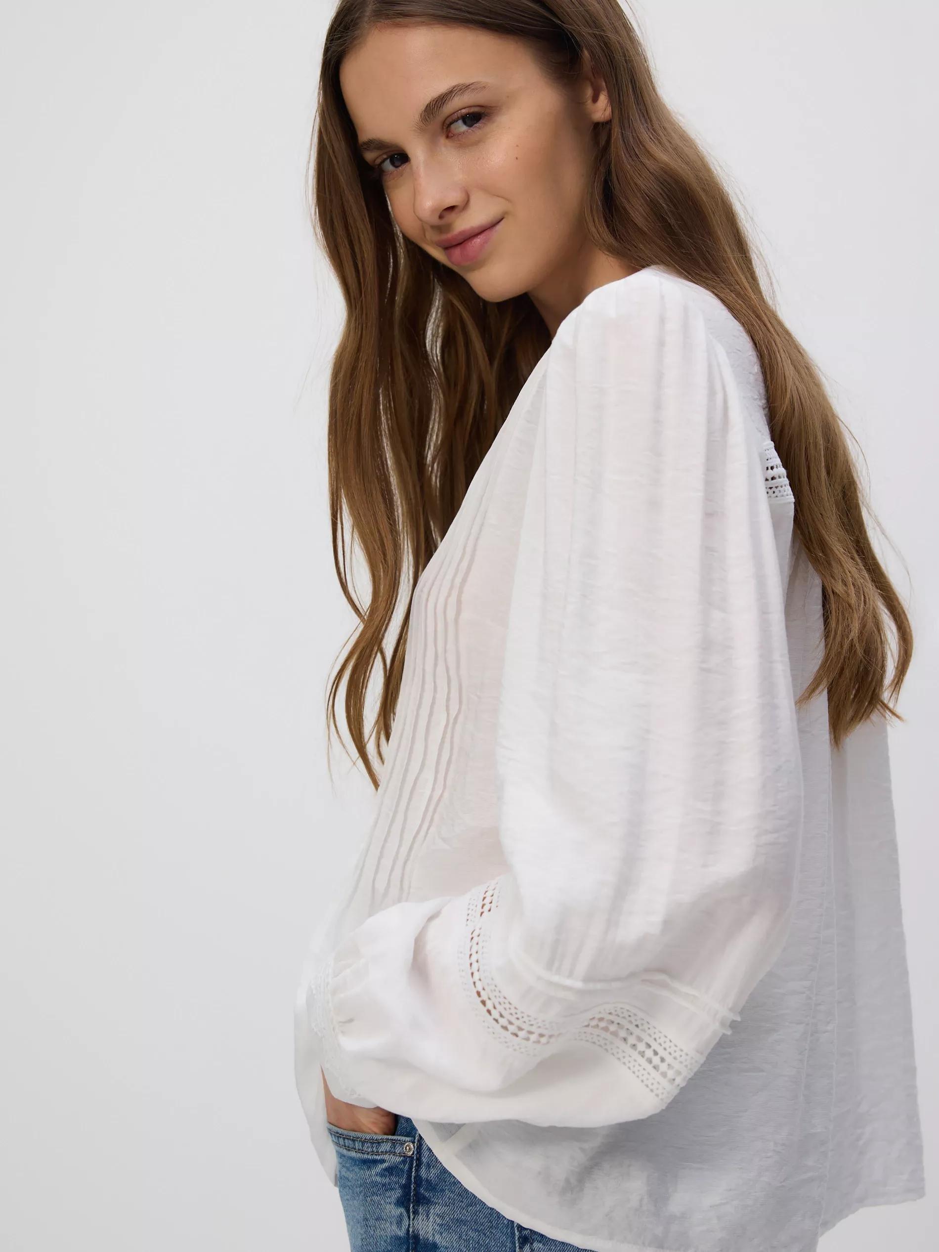 Cream Viscose Rich Blouse With Pleat Detail, Ivory, medium