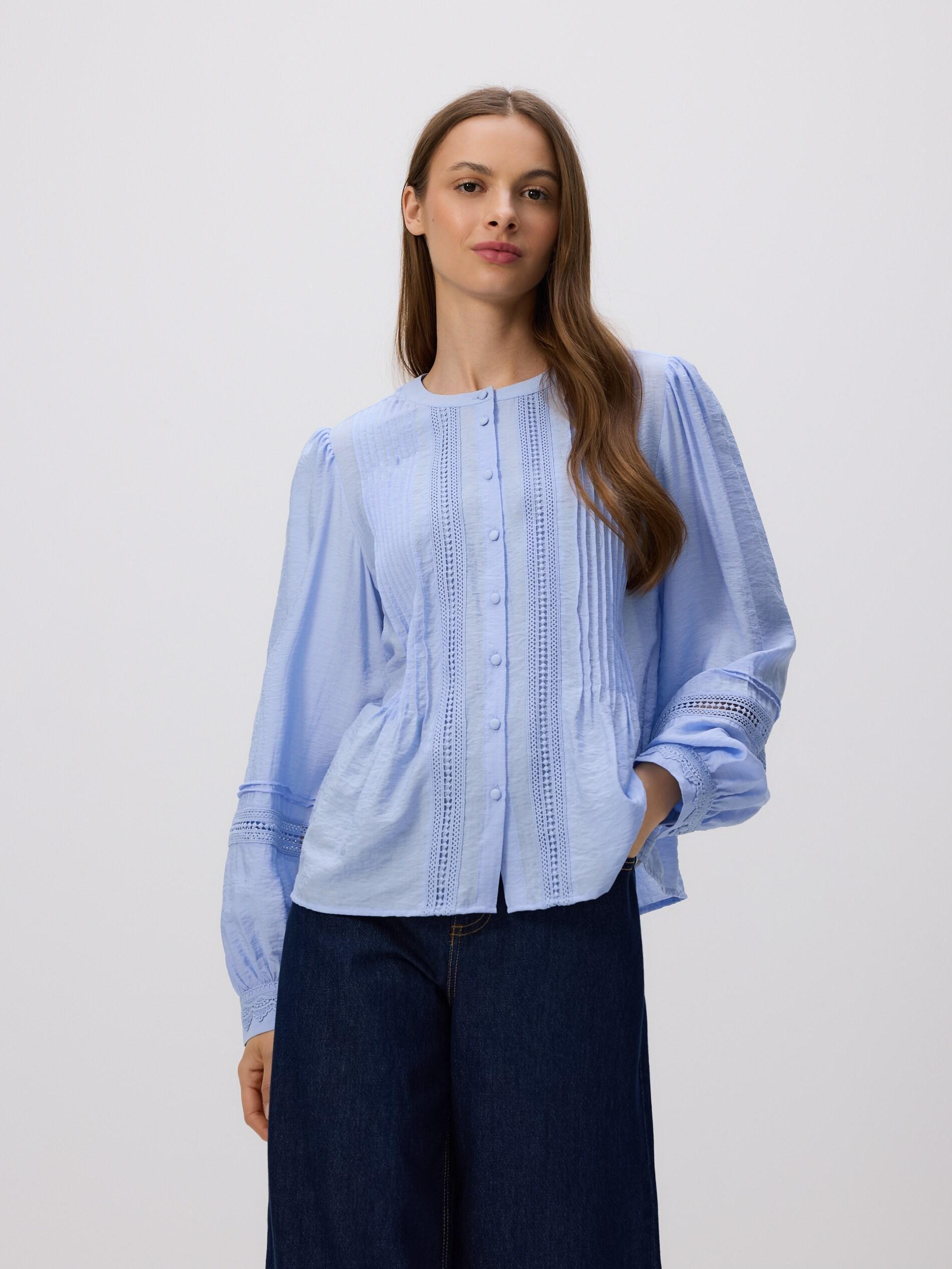 Blue Viscose Rich Blouse With Pleat Detail, Blue, medium