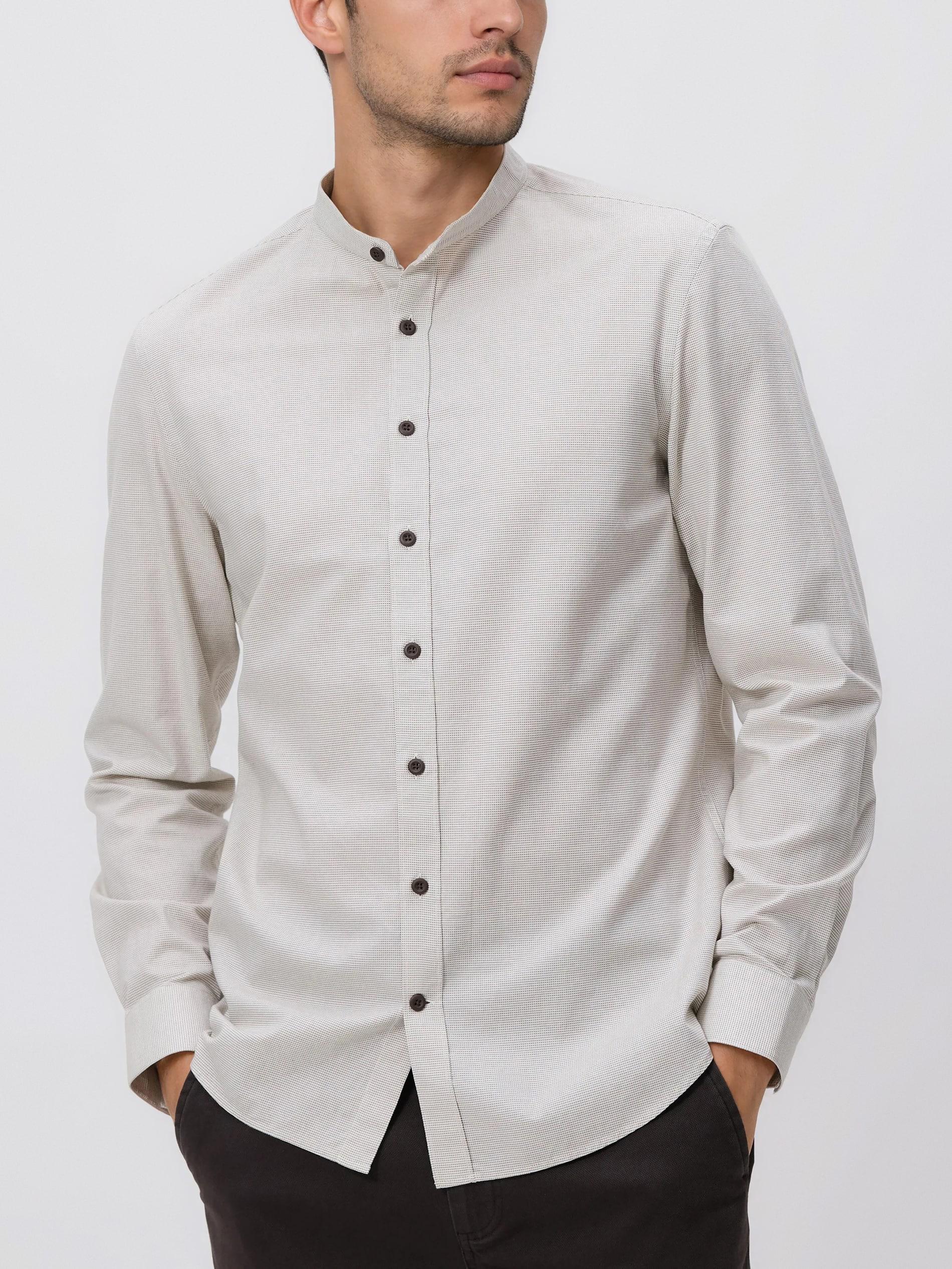 Beige Slim Fit Shirt With Stand Up Collar, Beige, medium