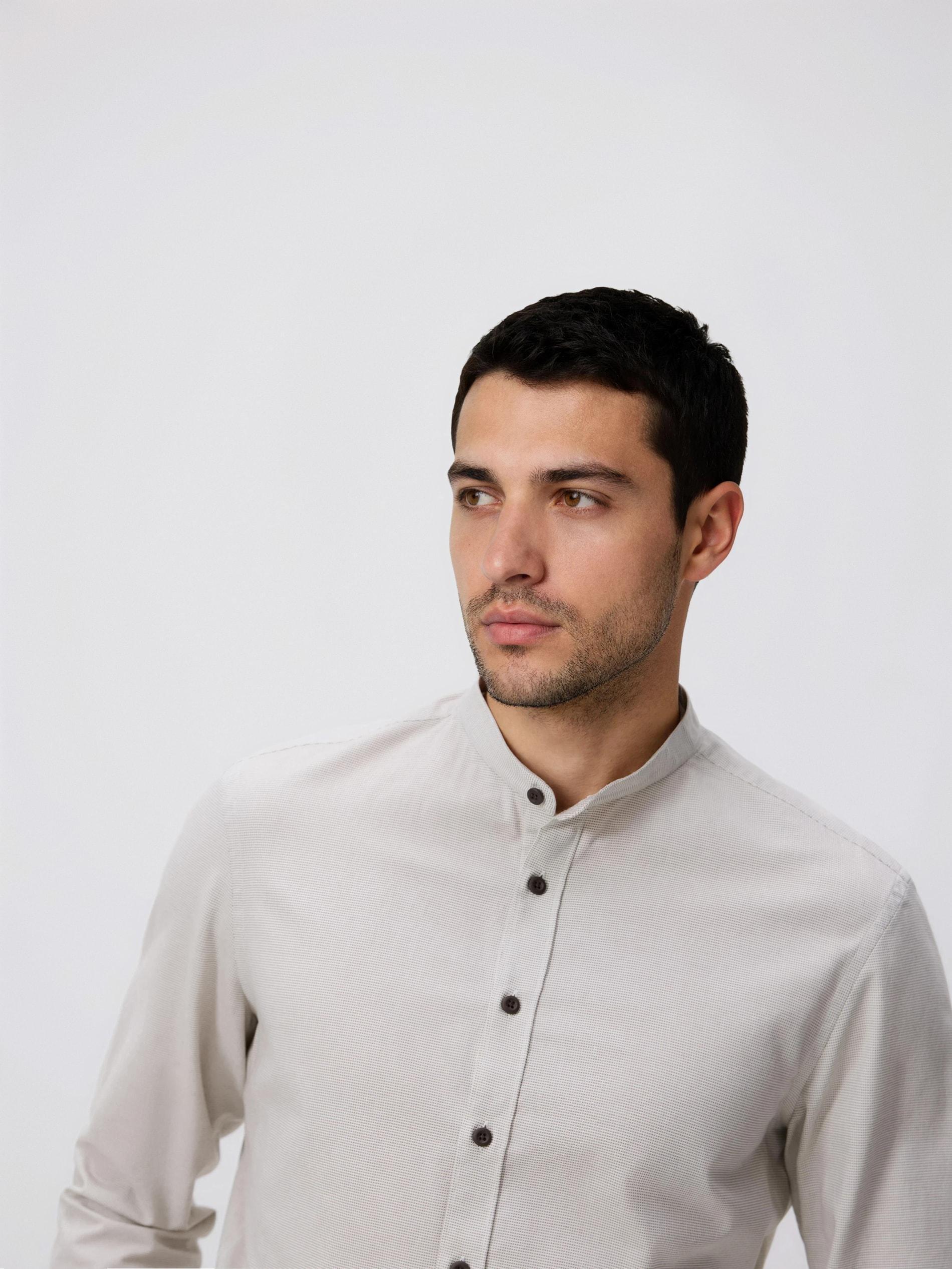 Beige Slim Fit Shirt With Stand Up Collar, Beige, medium