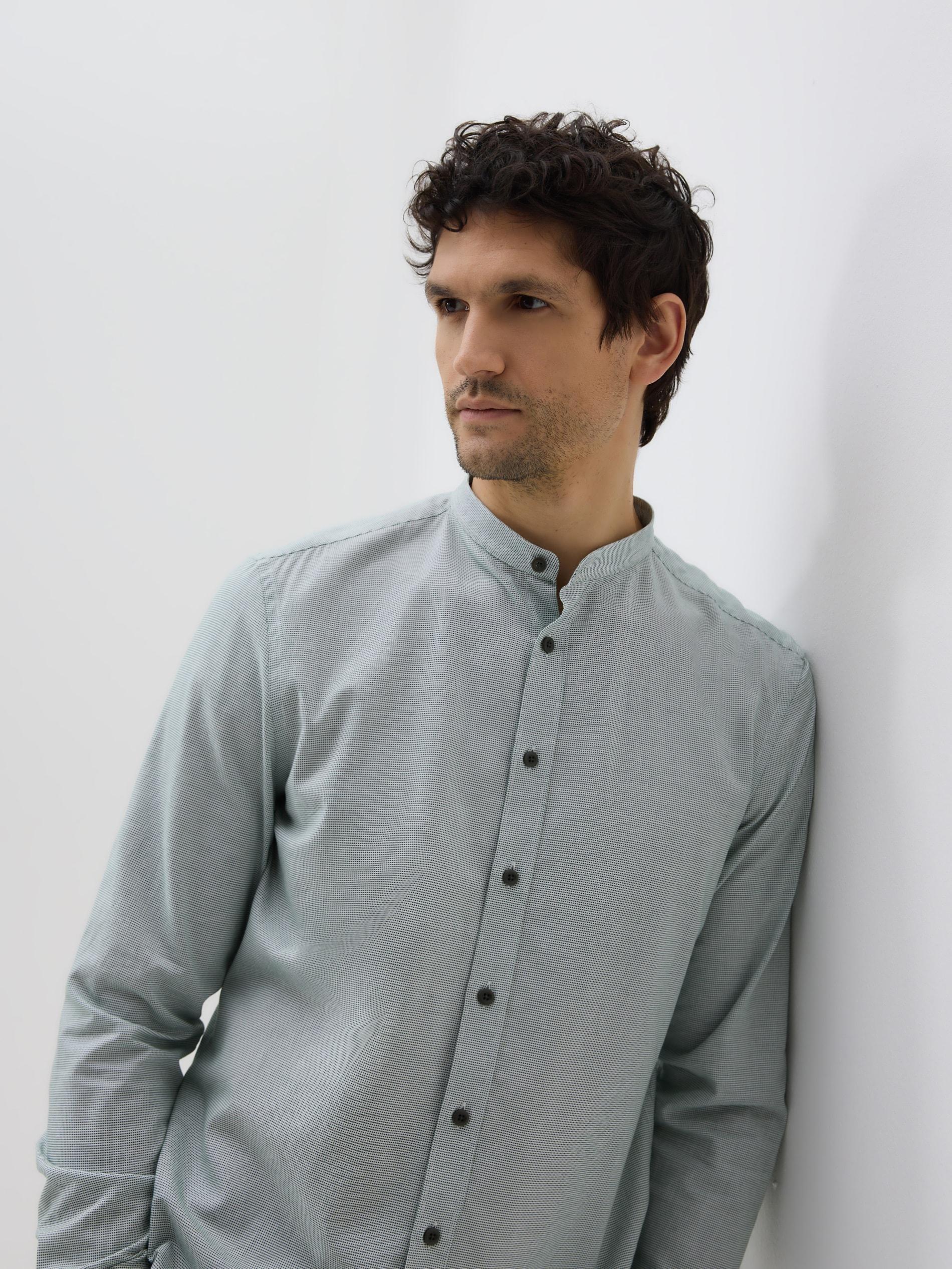 Green Slim Fit Shirt With Stand Up Collar, Green, medium