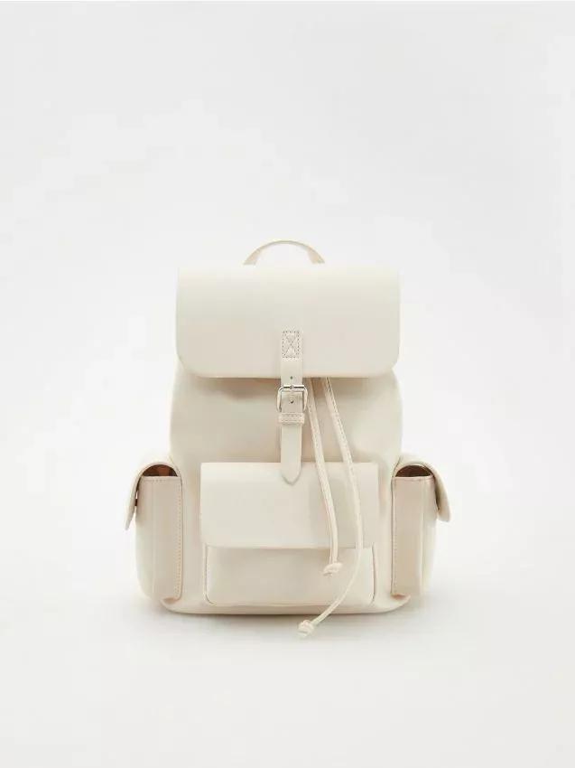 White Faux Leather Backpack, Ivory, large image number 0