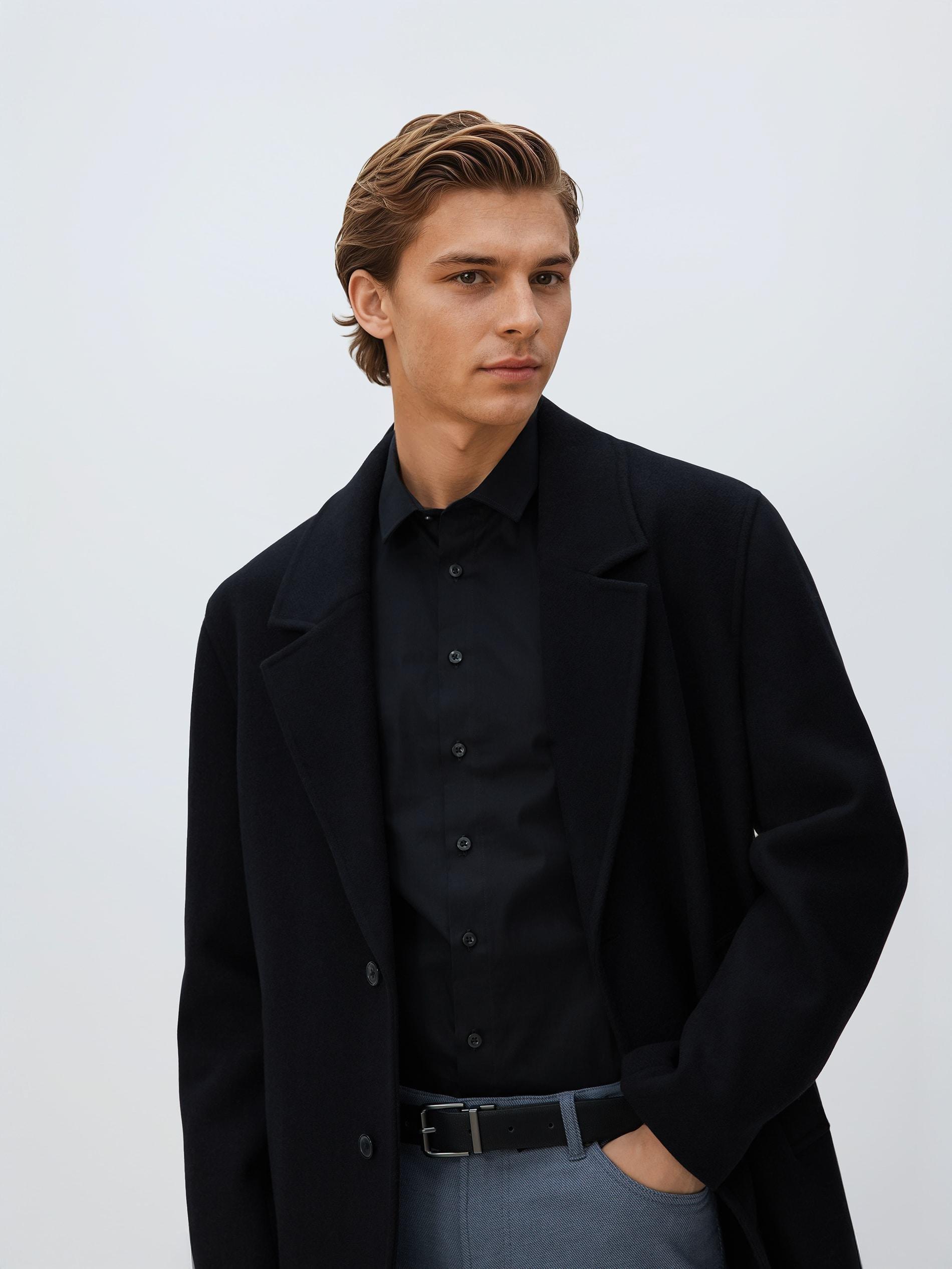 Black Slim Fit Plain Shirt, Black, medium