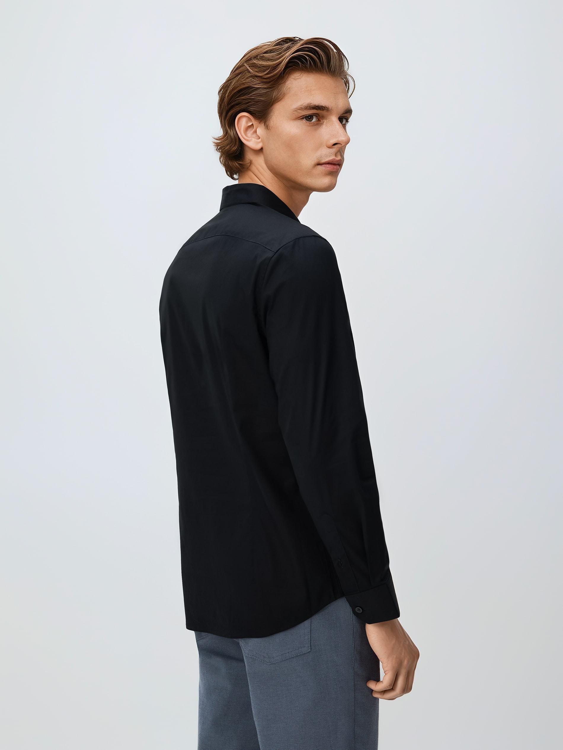 Black Slim Fit Plain Shirt, Black, medium