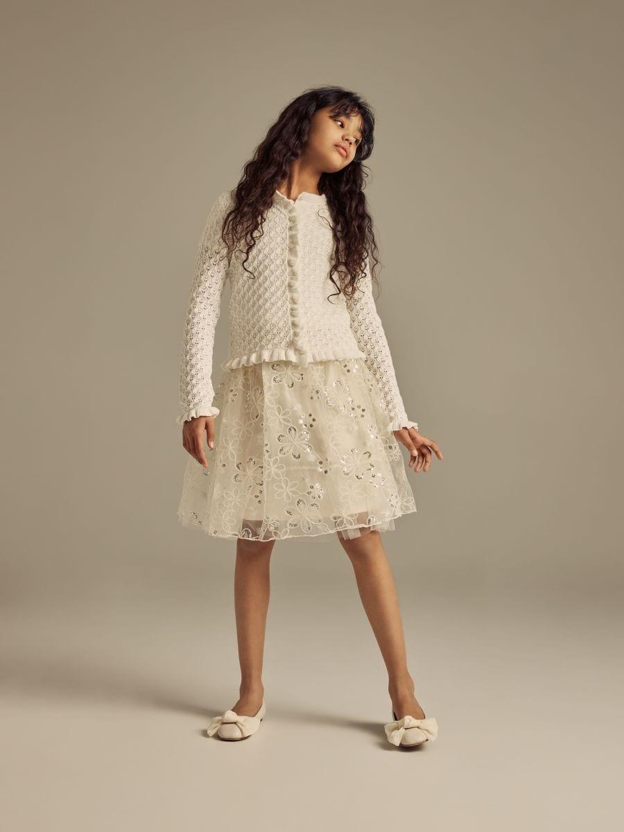 Beige Tulle Skirt With Sequins, Ivory, large image number 0