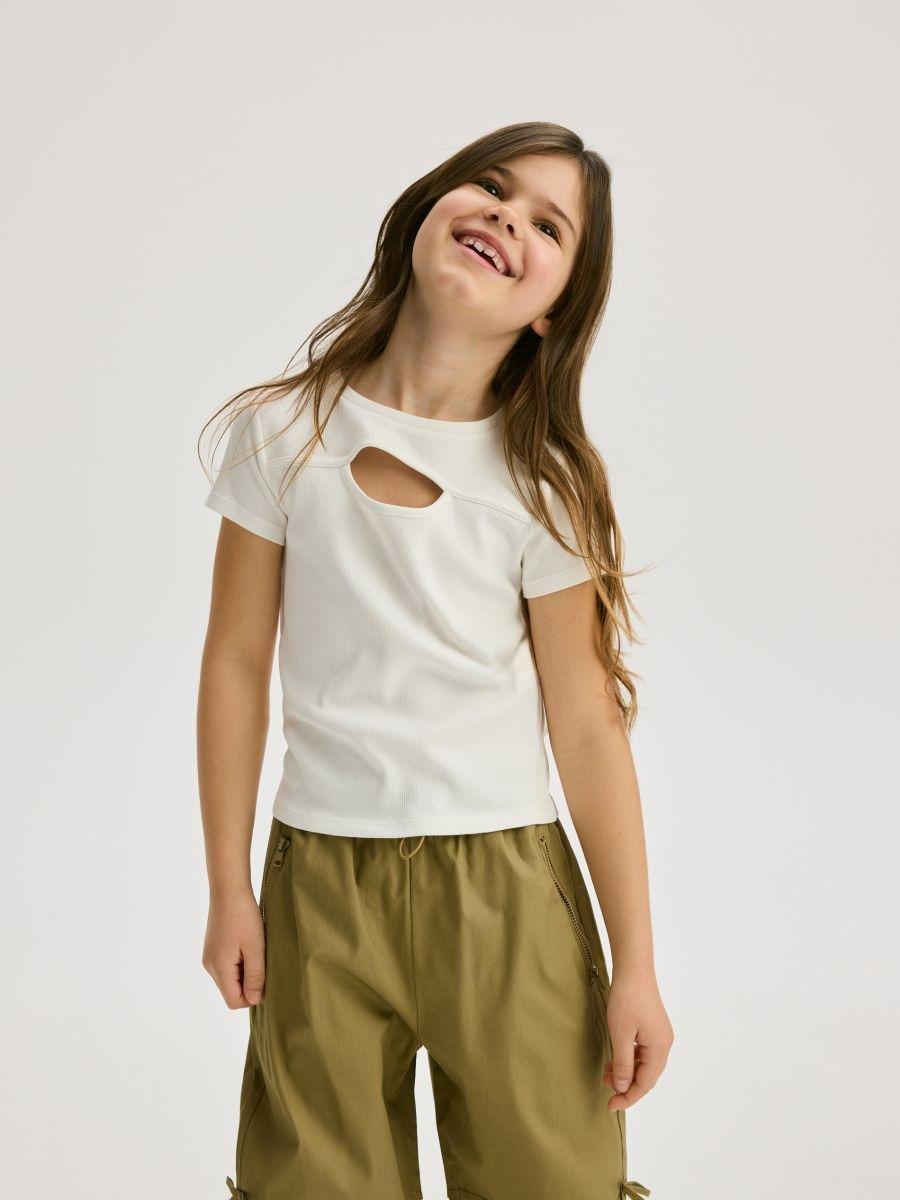 Cream Striped Knit T-Shirt With Deep Back Neckline, , medium