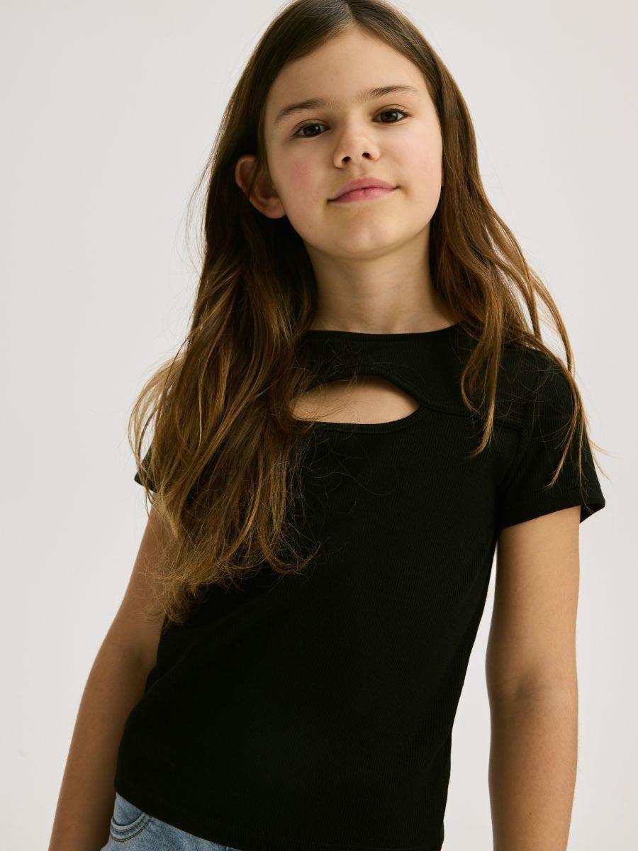 Black Striped Knit T-Shirt With Deep Back Neckline, , large image number 0