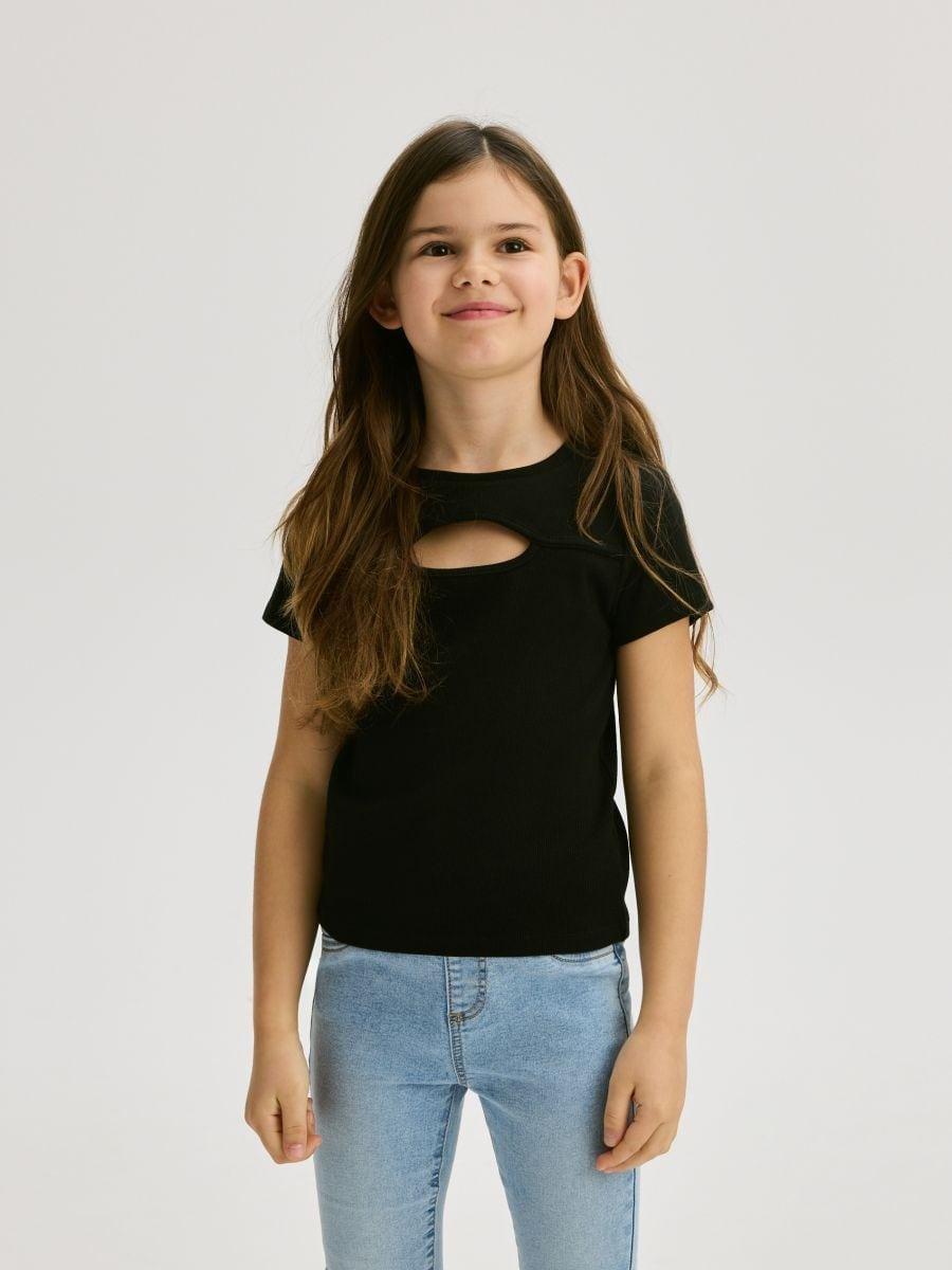 Black Striped Knit T-Shirt With Deep Back Neckline, , large image number 1
