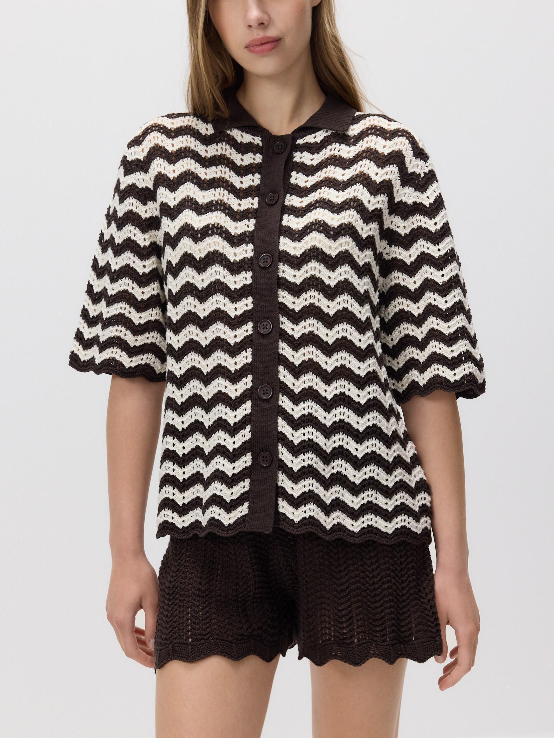 Brown Openwork Cardigan With Collar, Brown, medium