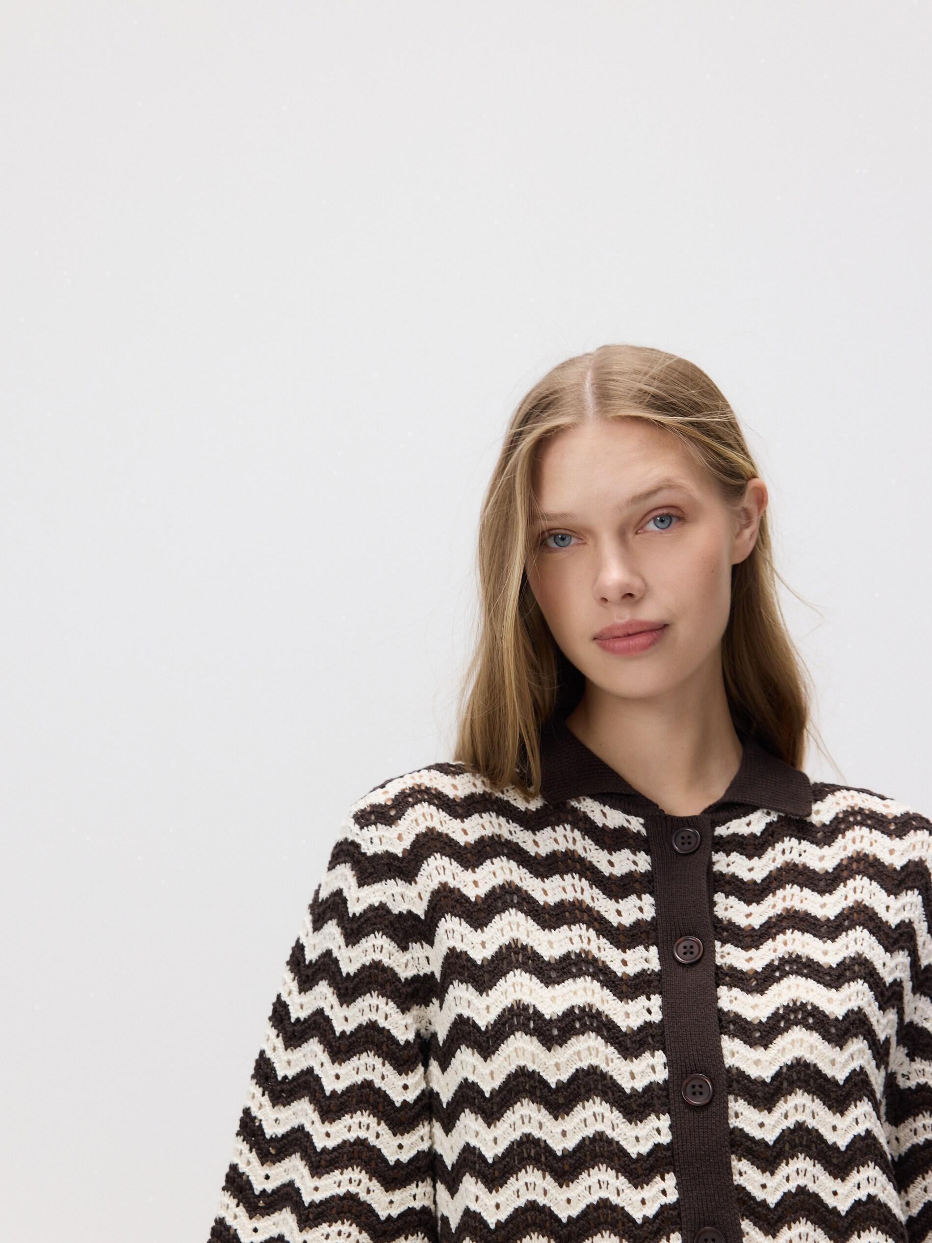 Brown Openwork Cardigan With Collar, Brown, medium