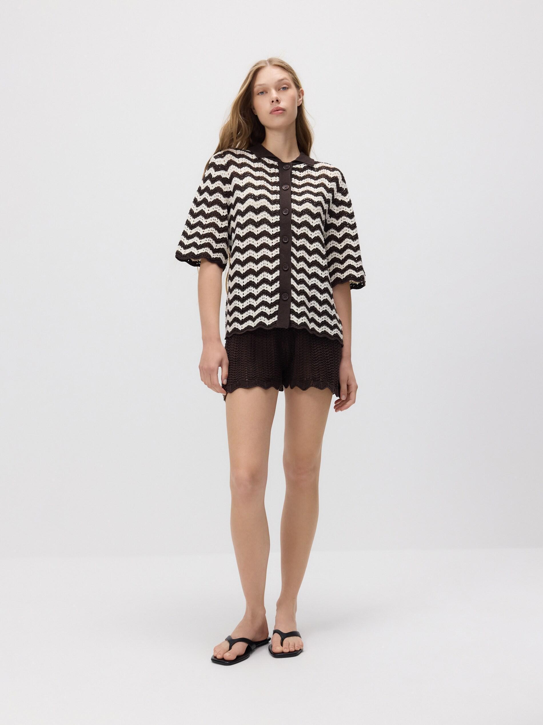 Brown Openwork Cardigan With Collar, Brown, medium