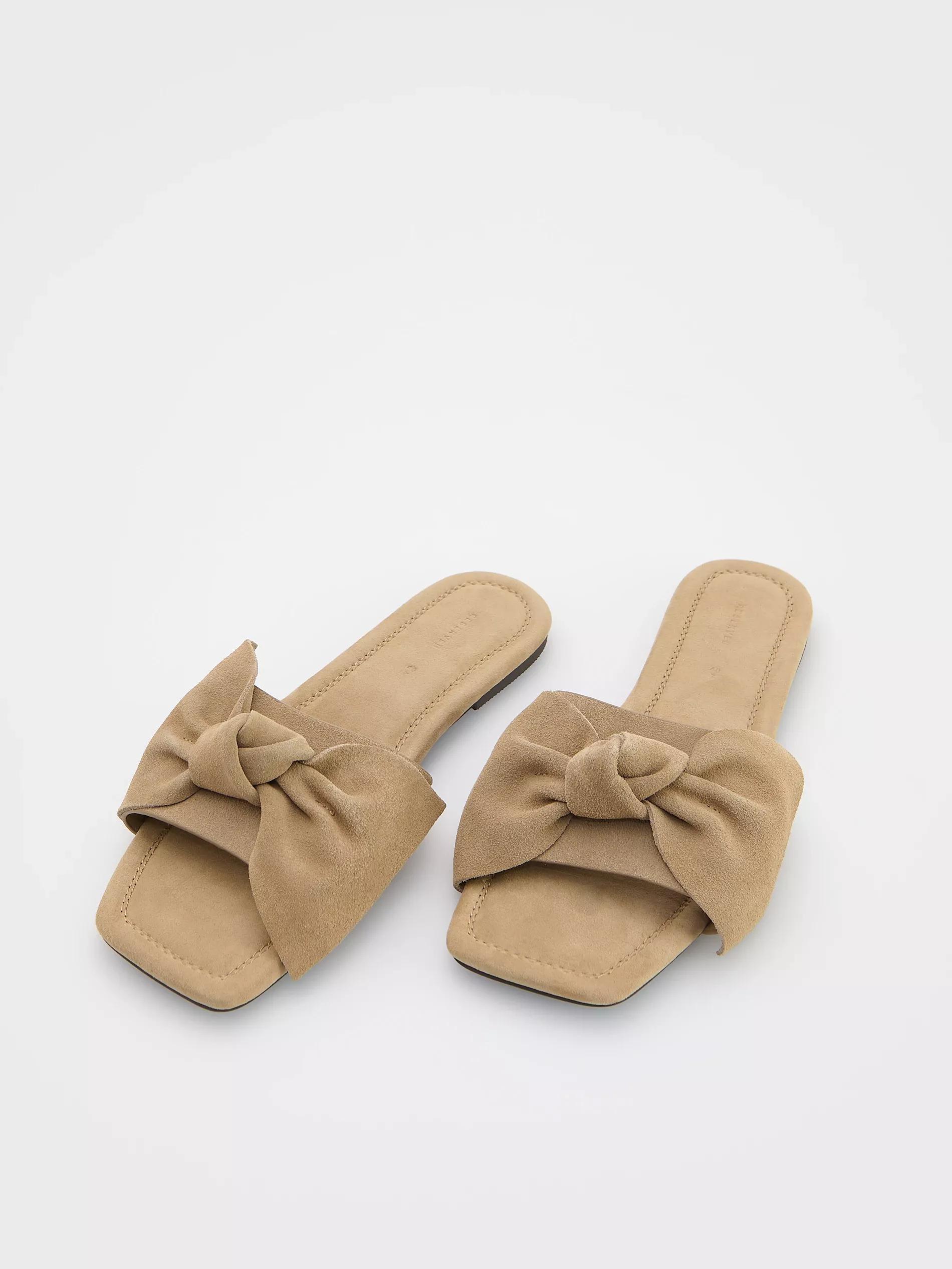 Beige Suede Slides With Bow, Beige, medium