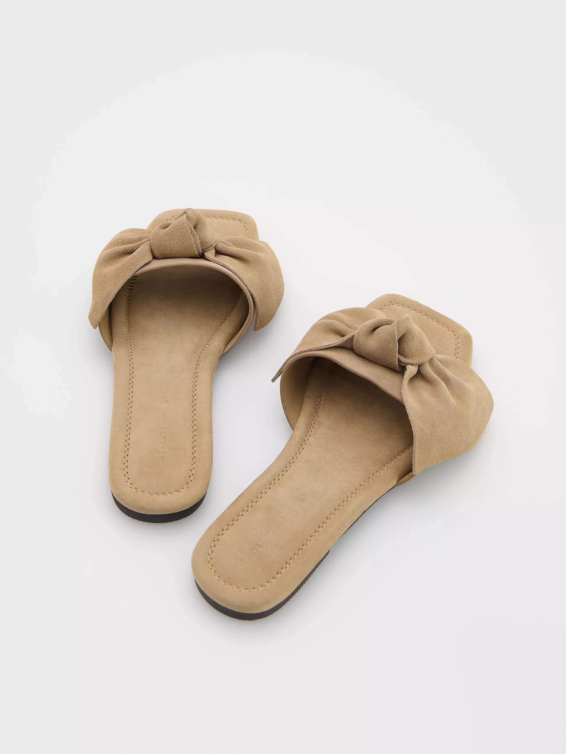 Beige Suede Slides With Bow, Beige, medium