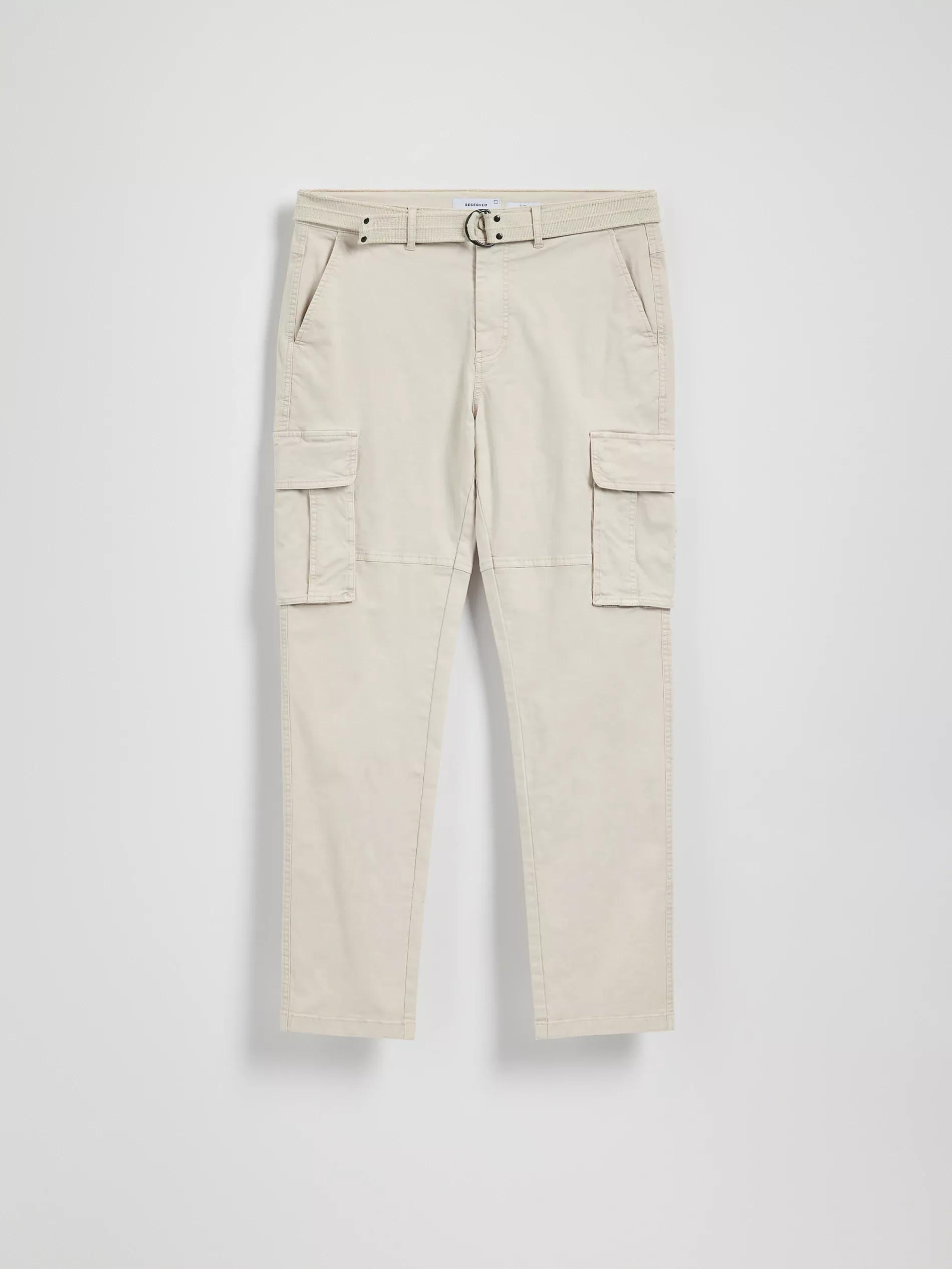 Beige Slim Cargo Trousers With Belt, , large image number 0