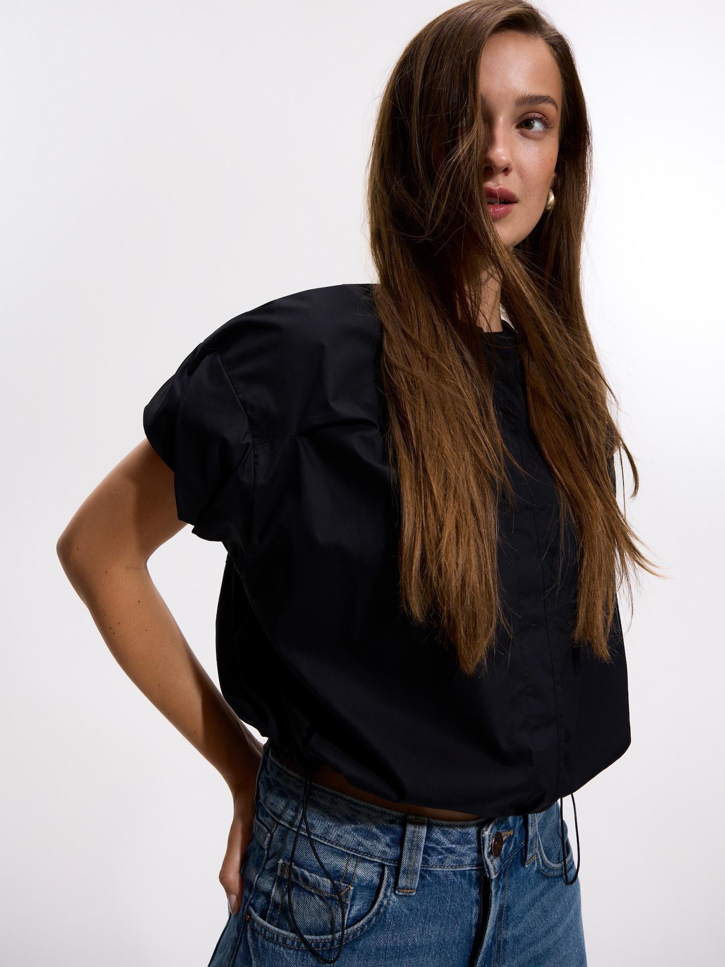 Black Shirt With Decorative Sleeves, Black, large image number 0