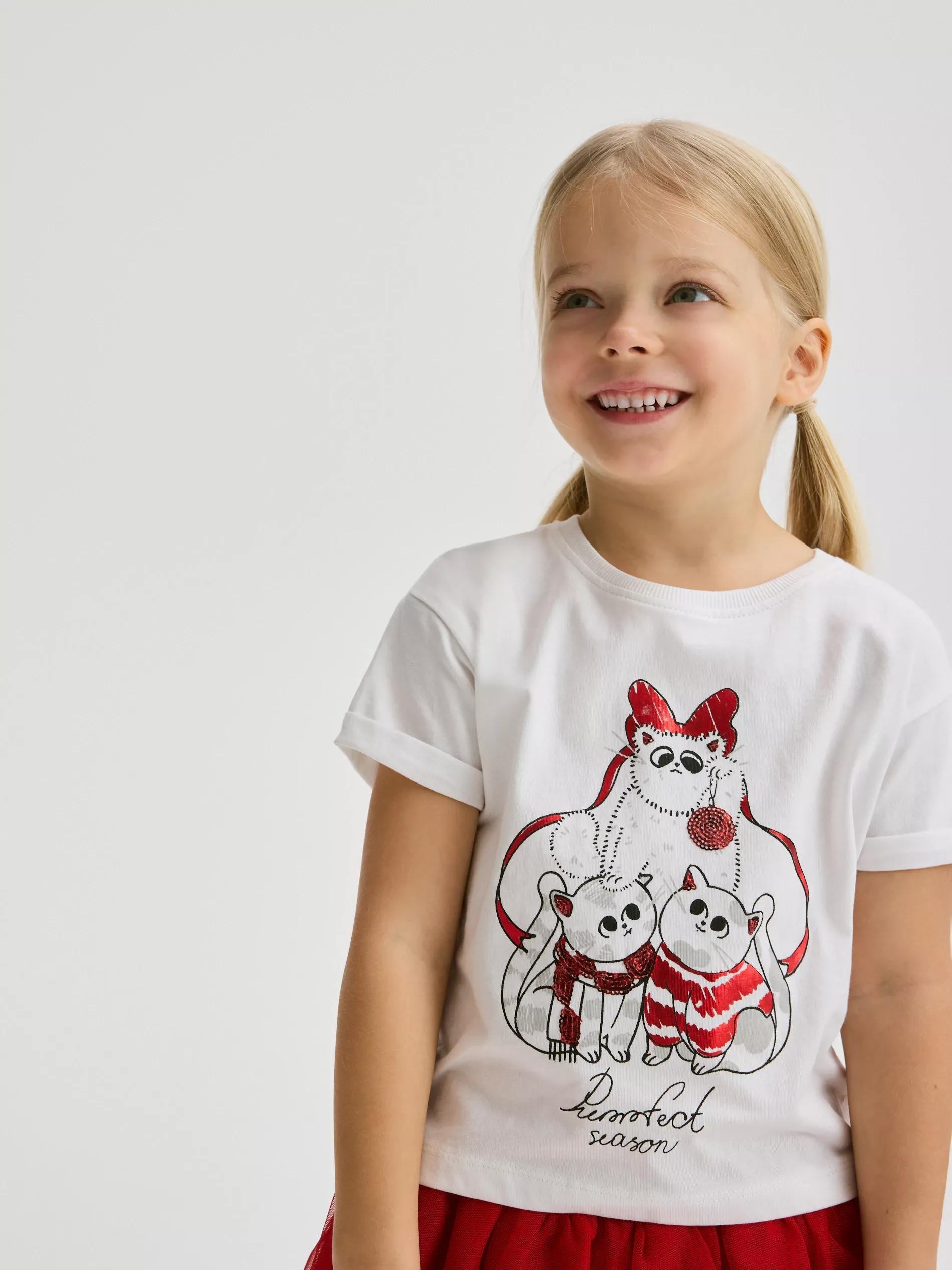 Cream Printed T-Shirt, Kids Girls, , medium